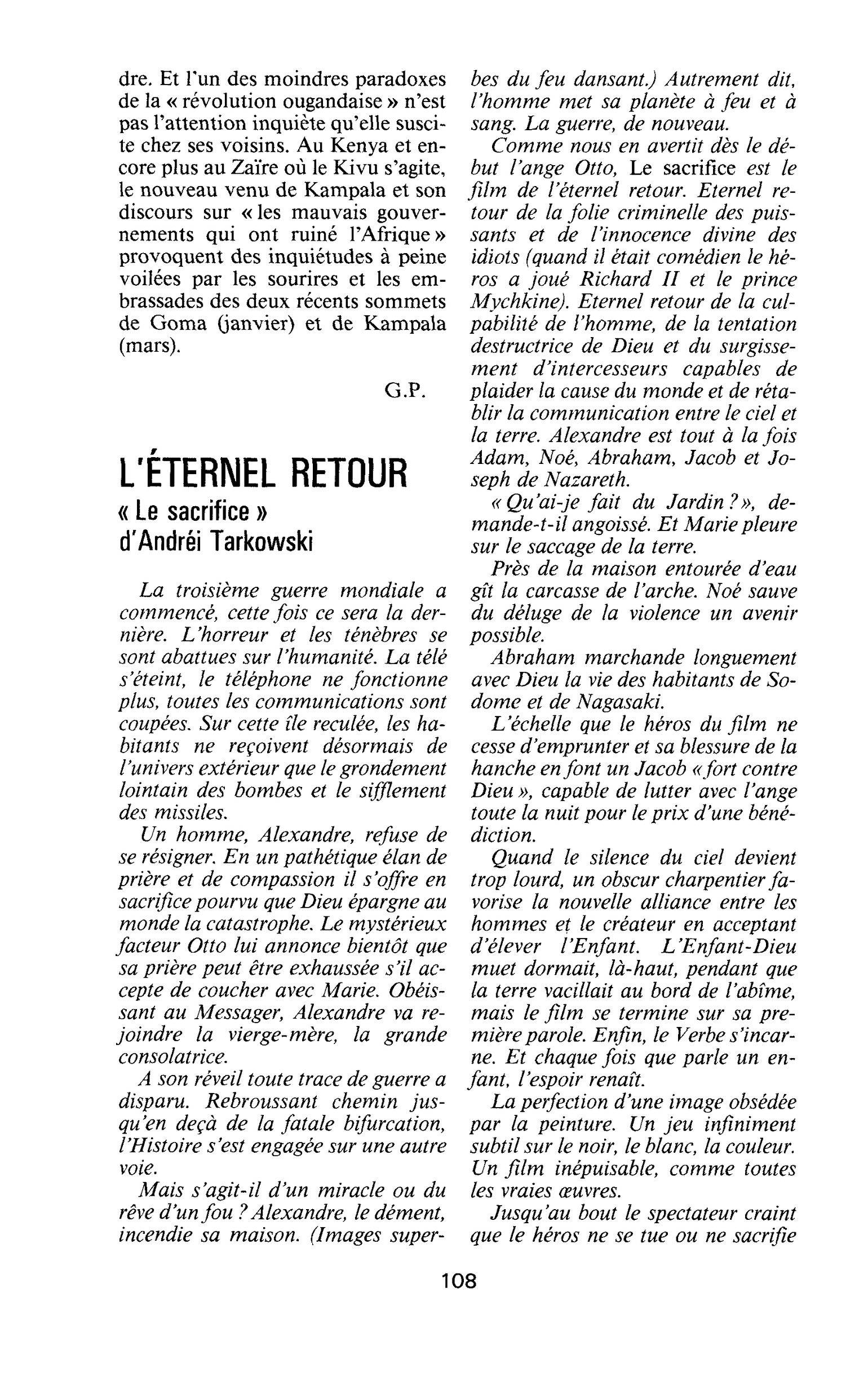 L’éternel retour - « Le sacrifice » d’Andréi Tarkowski