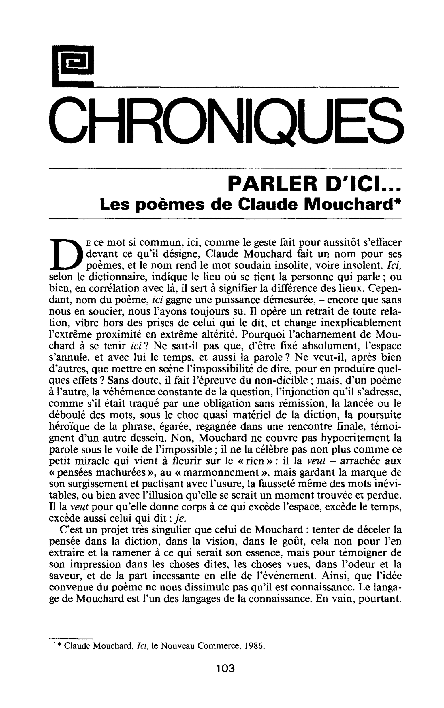 Parler d’ici…Les poèmes de Claude Mouchard