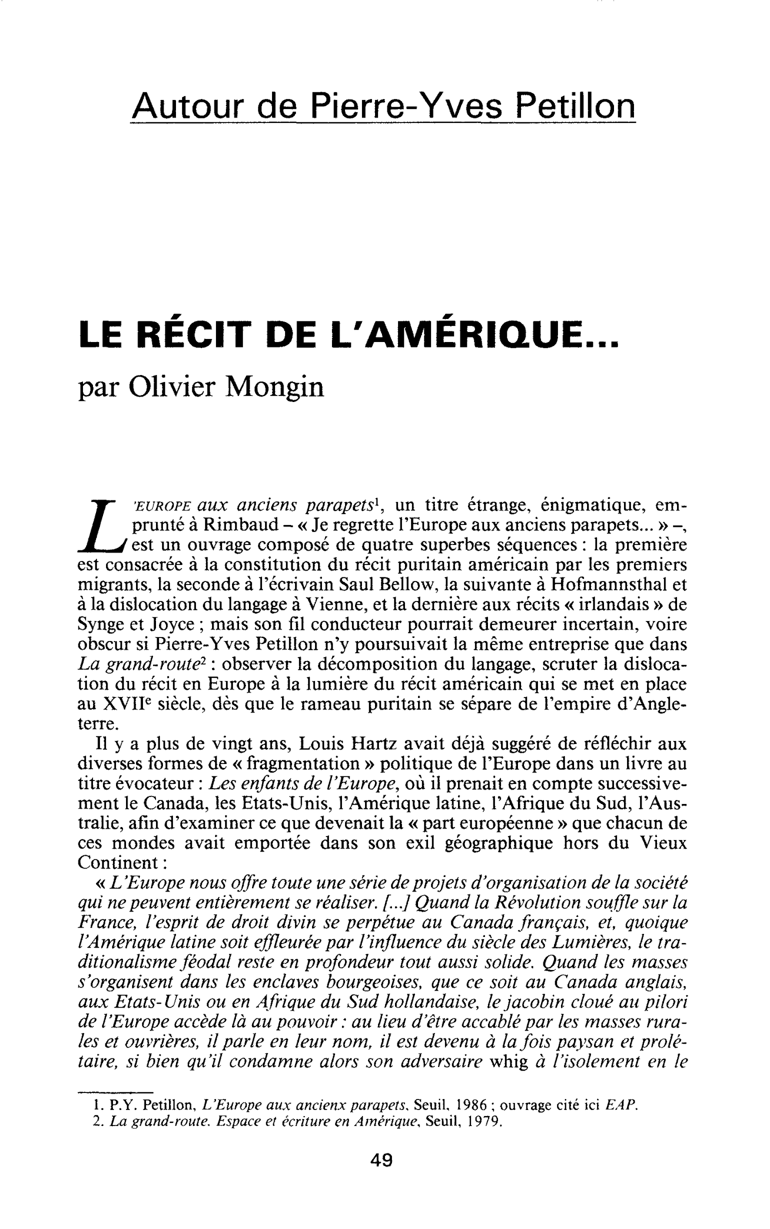 Autour de Pierre-Yves Petillon - Le récit de l’Amérique…