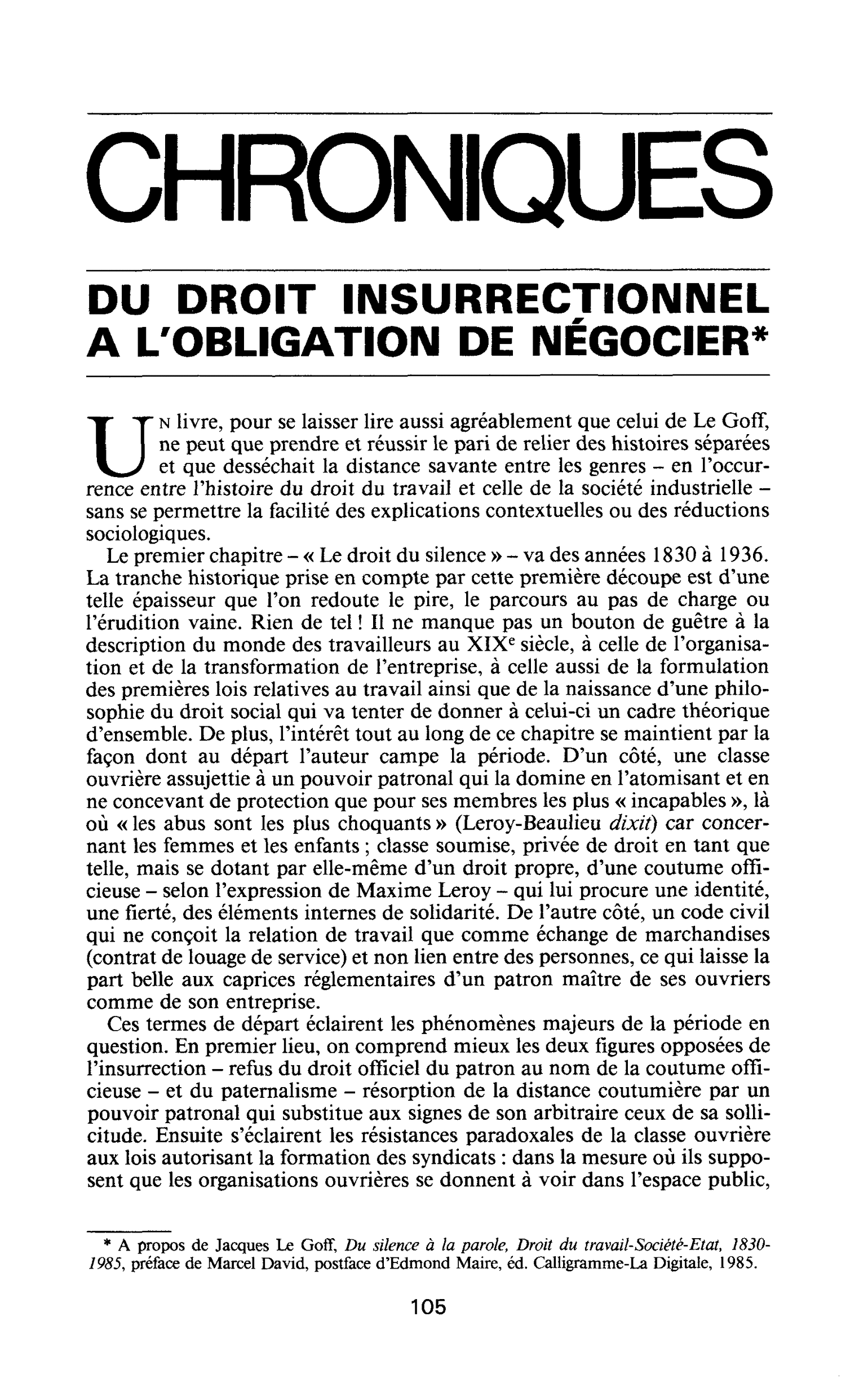 Du droit insurrectionnel à l’obligation de négocier