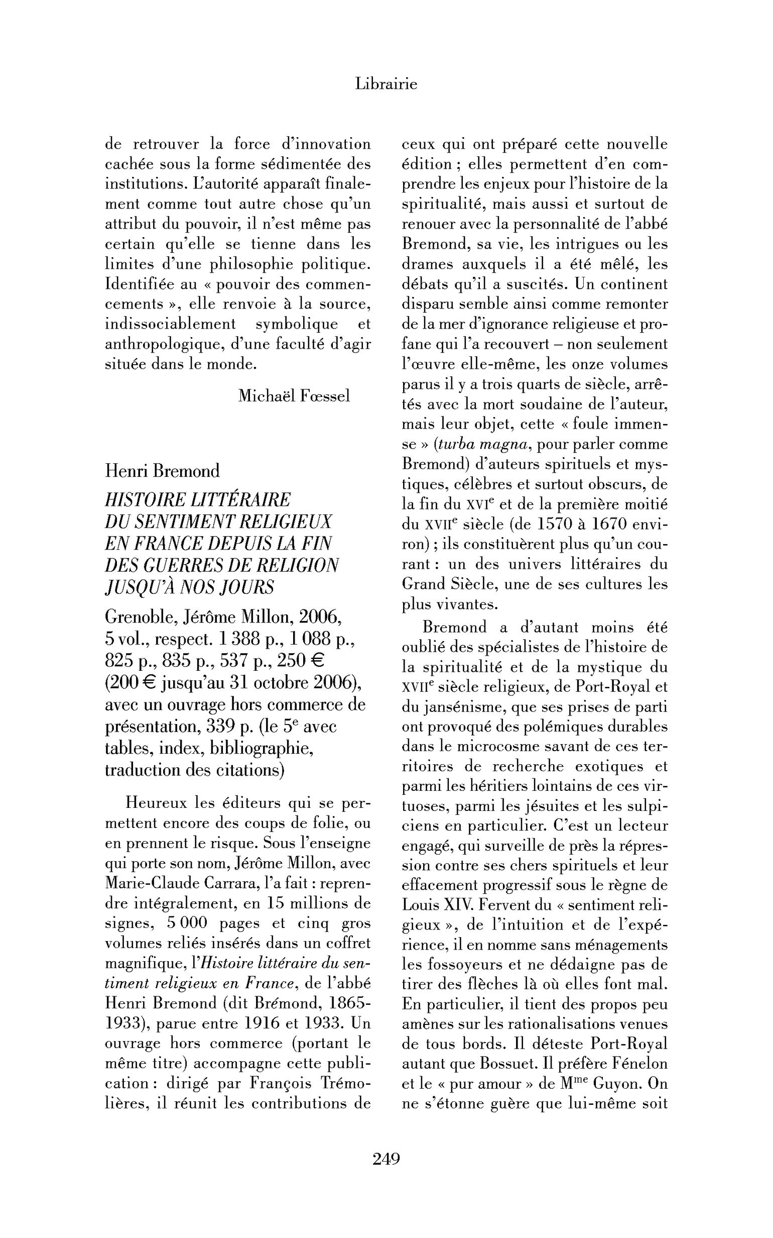 Henri Bremond : Histoire littéraire du sentiment religieux en France depuis la fin des guerres de religion jusqu’à nos jours