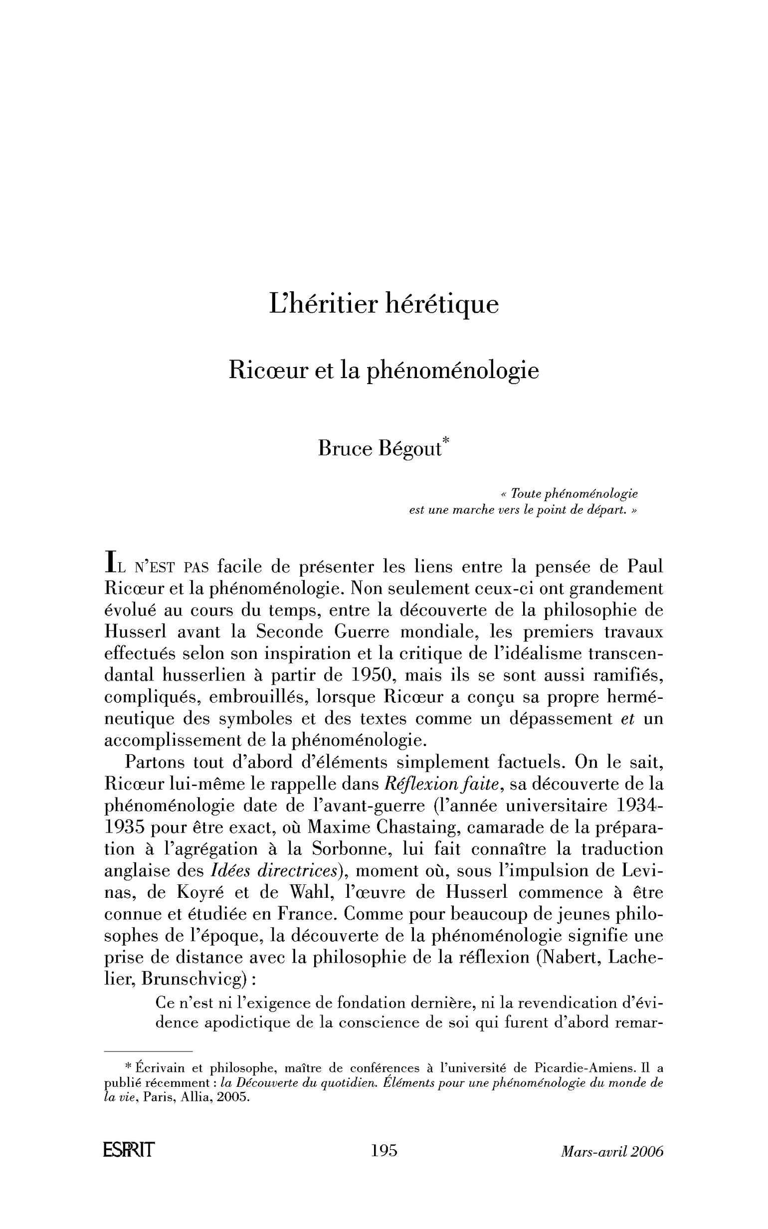L’héritier hérétique. Ricœur et la phénoménologie