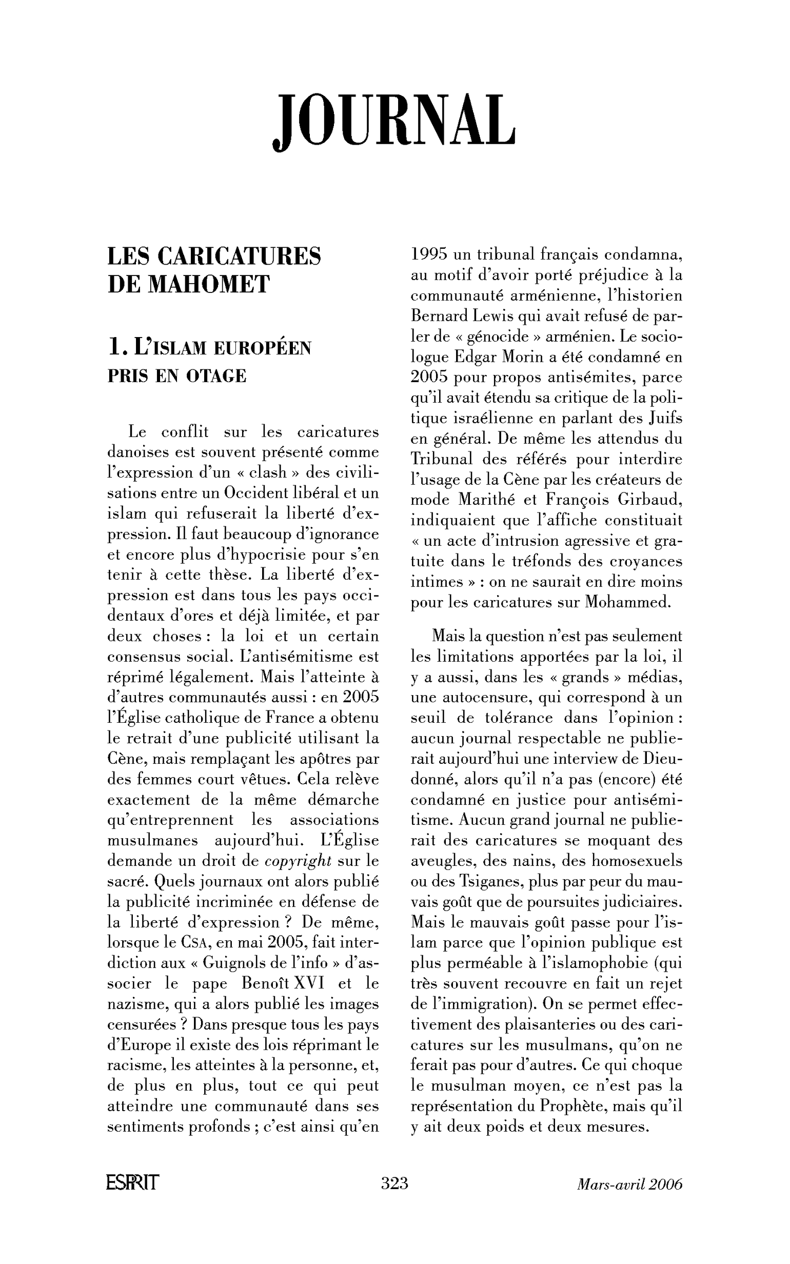 Les caricatures de Mahomet. 1. L’islam européen pris en otage