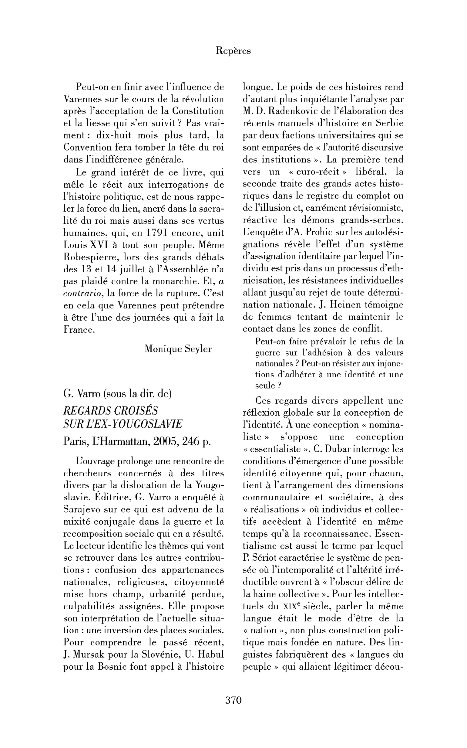 G. Varro (sous la dir. de) : Regards croisés sur l’ex-Yougoslavie