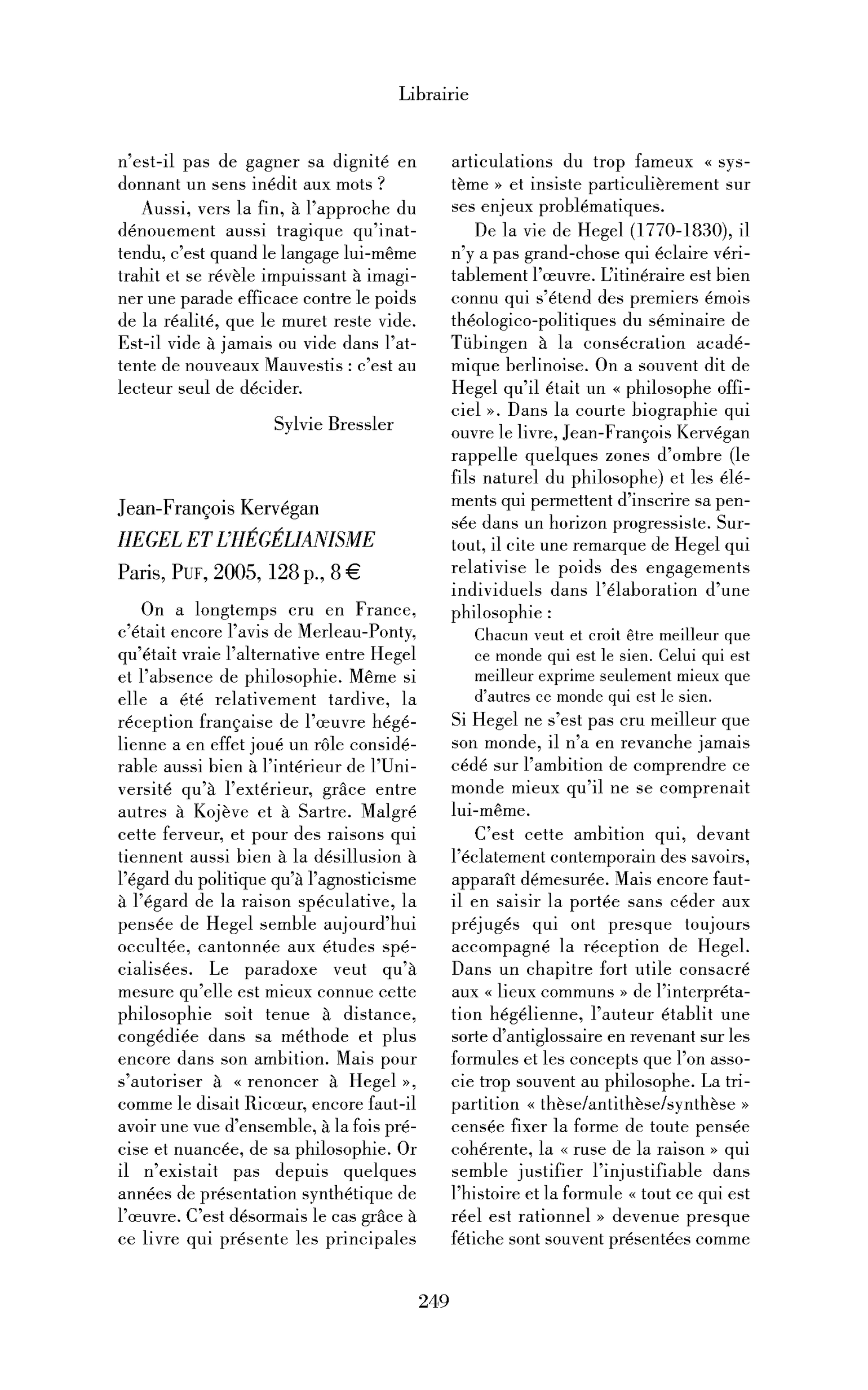 Jean-François Kervégan: Hegel et l’hégélianisme