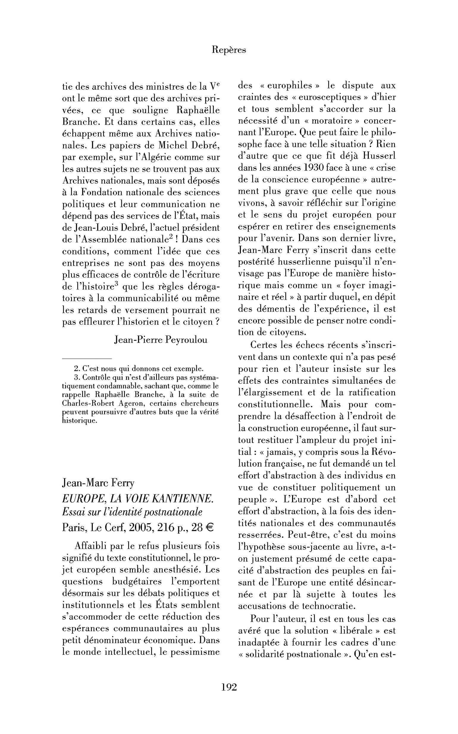 Jean-Marc Ferry : Europe, la voie kantienne. Essai sur l’identité postnationale