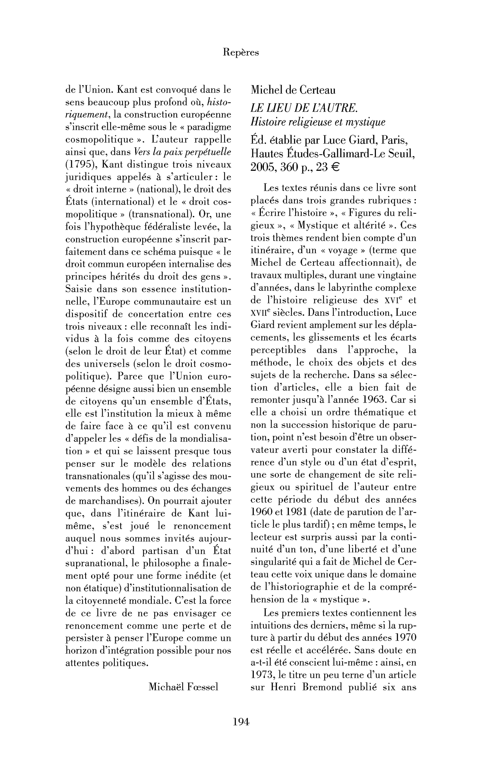 Michel de Certeau : le Lieu de l’autre. Histoire religieuse et mystique