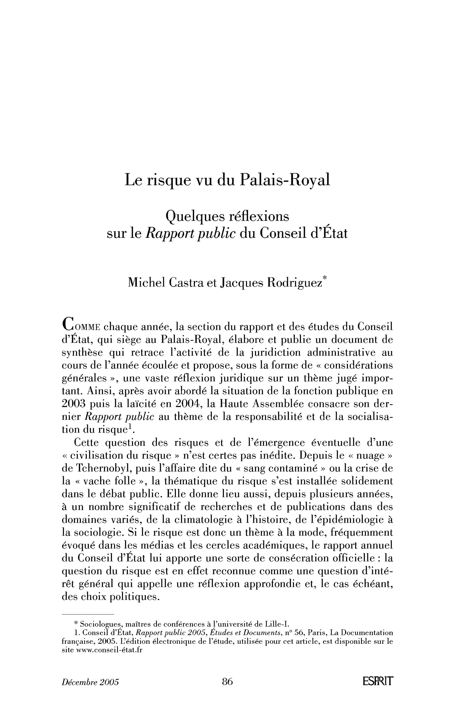 Le risque vu du Palais-Royal. Quelques réflexions sur le Rapport public du Conseil d’État
