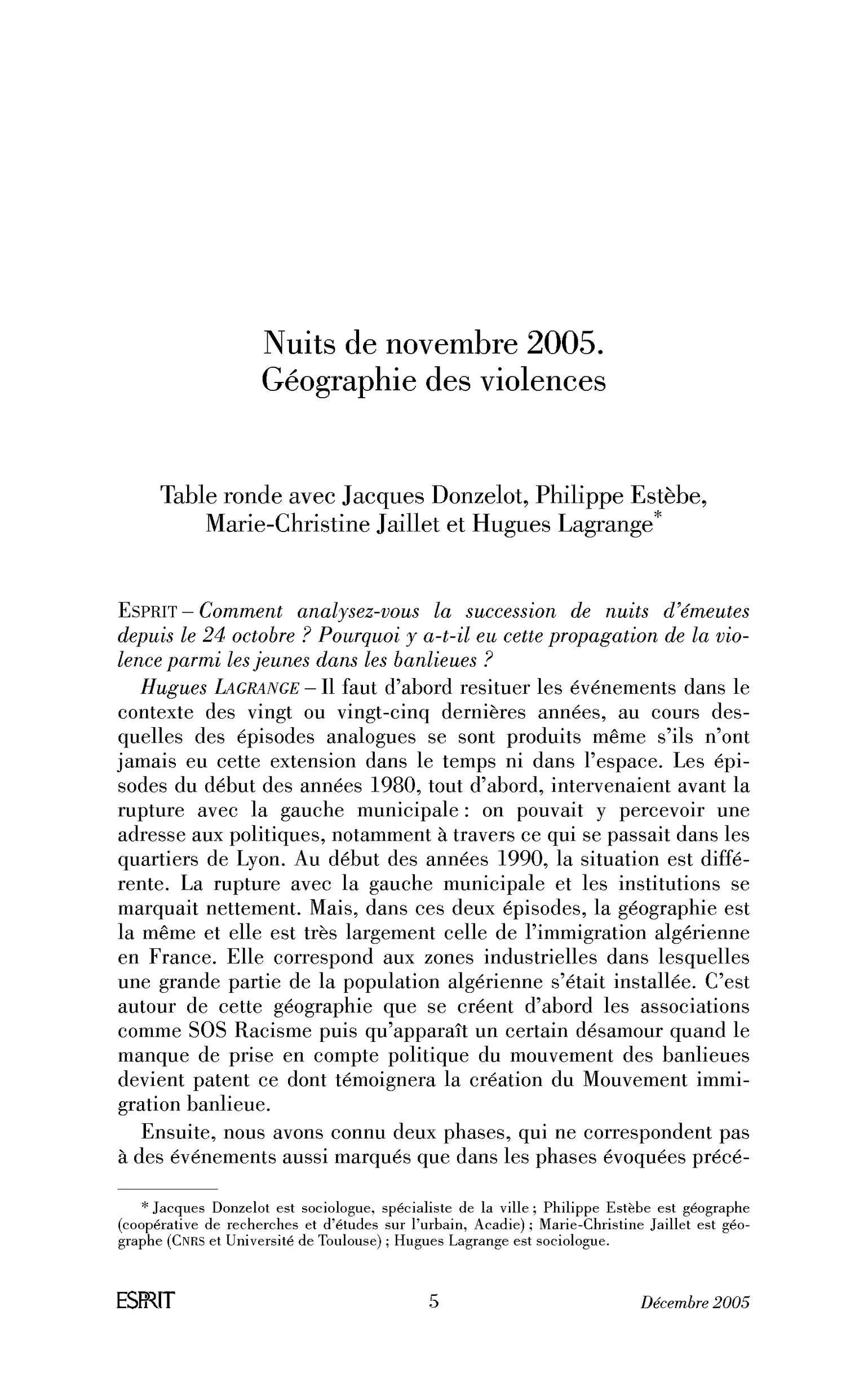 Nuits de novembre 2005. Géographie des violences (table ronde)