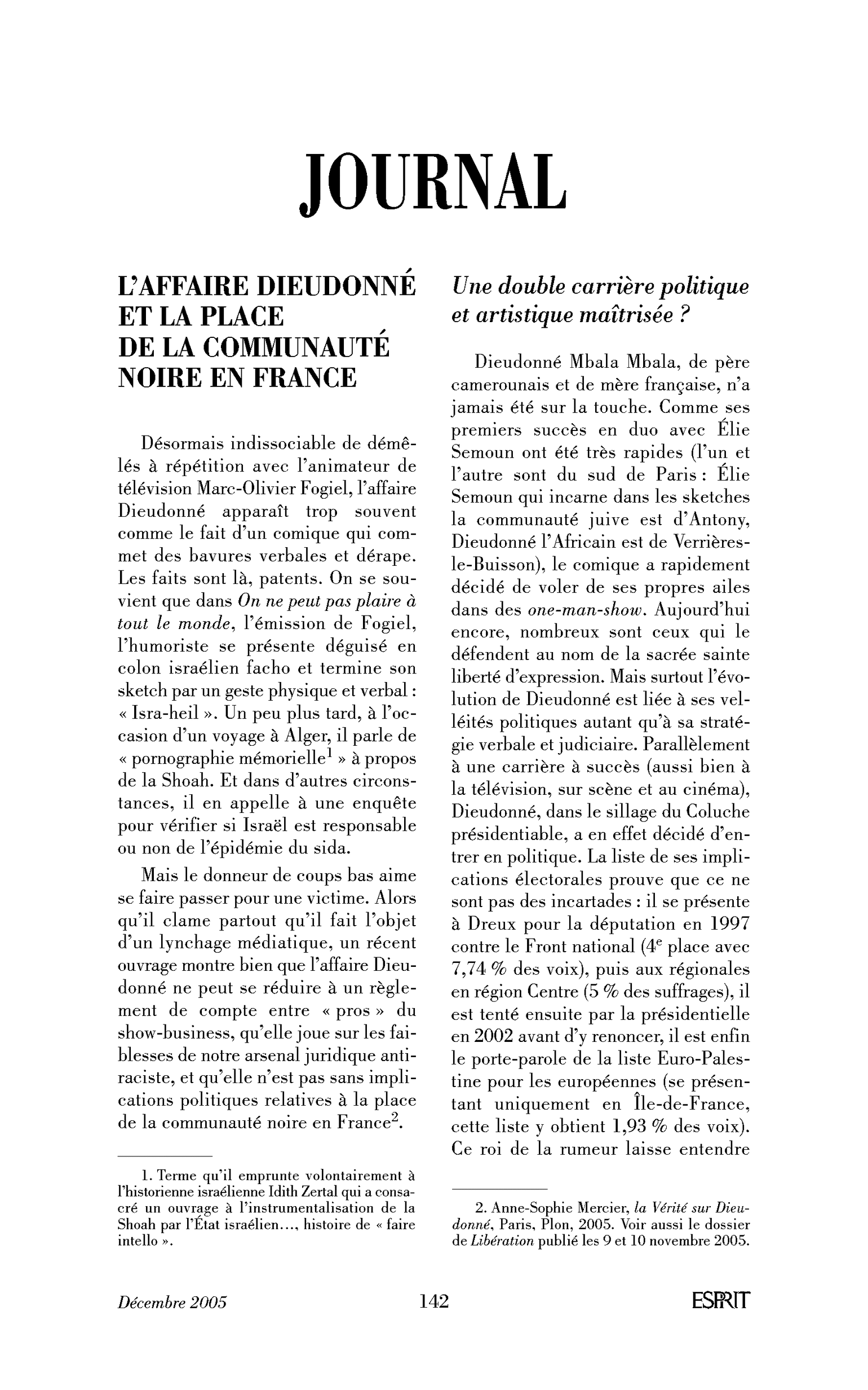 L’affaire Dieudonné et la place de la communauté noire en France