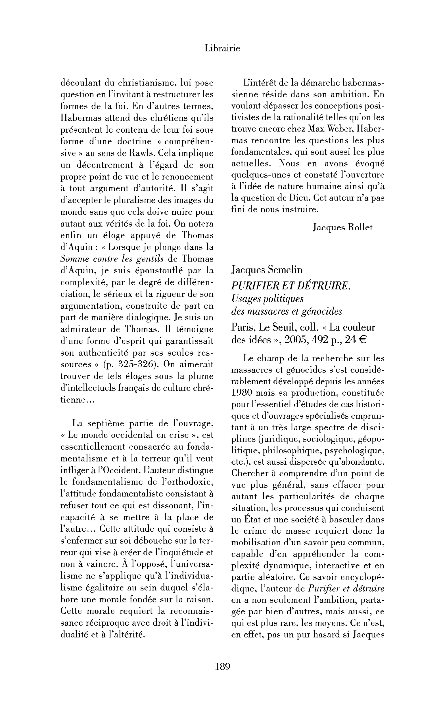 Jacques Semelin: Purifier et détruire. Usages politiques des massacres et génocides