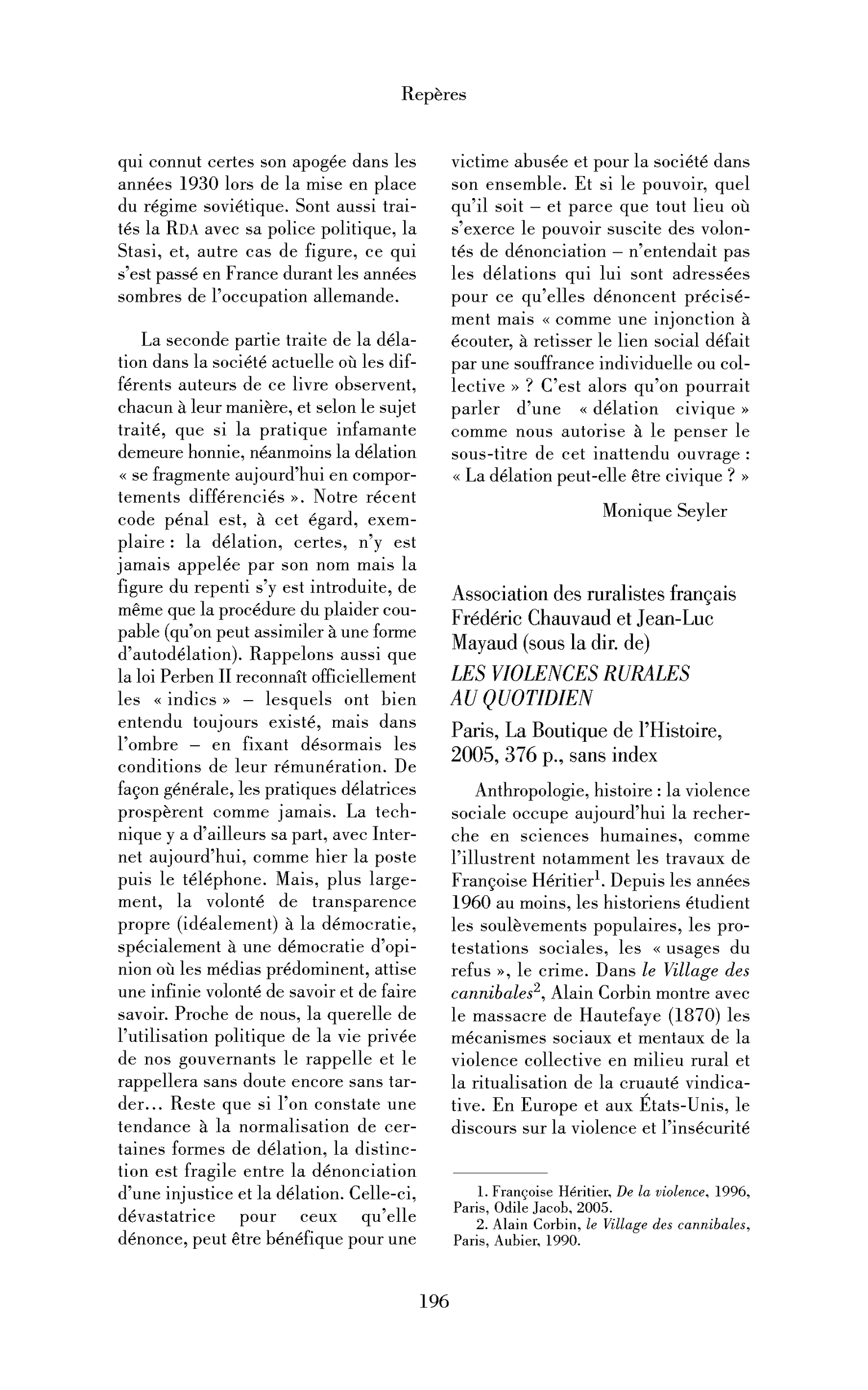 Association des ruralistes français Frédéric Chauvaud et Jean-Luc Mayaud (sous la dir. de) : les Violences rurales au quotidien