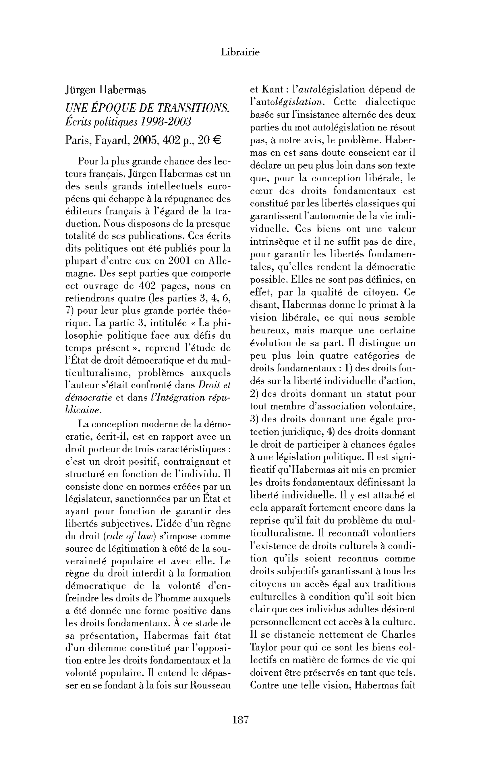 Jürgen Habermas: Une époque de transitions. Écrits politiques 1998-2003