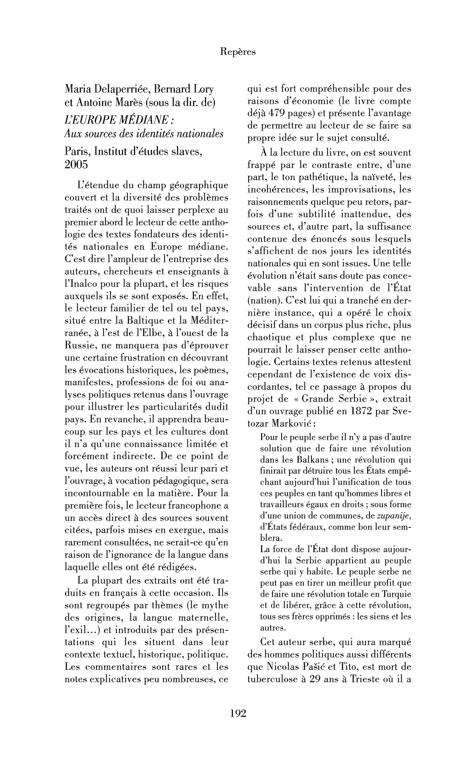 Maria Delaperriée, Bernard Lory et Antoine Marès (sous la dir. de): l’Europe médiane: aux sources des identités nationales