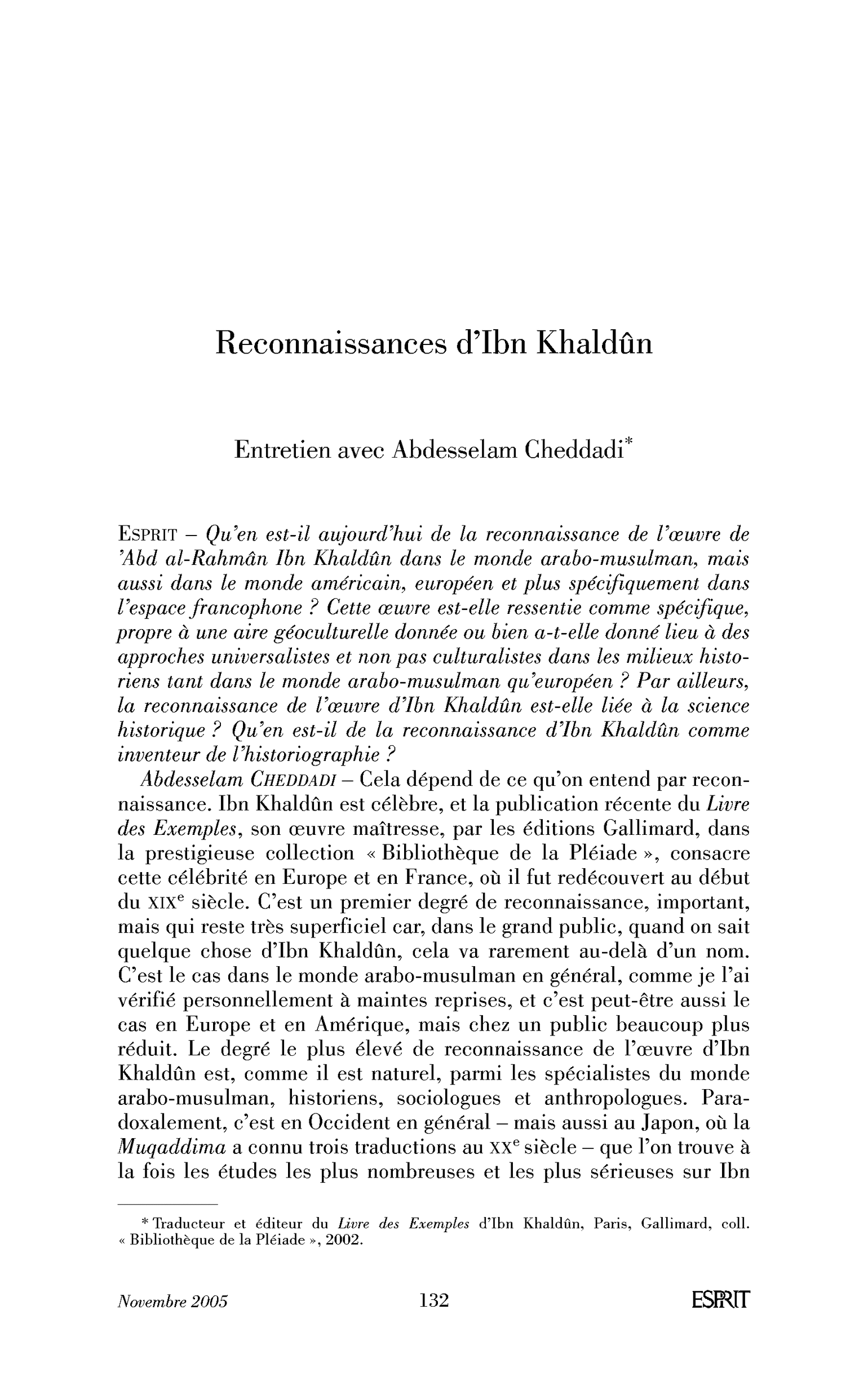 Reconnaissances d’Ibn Khaldûn. (Entretien)