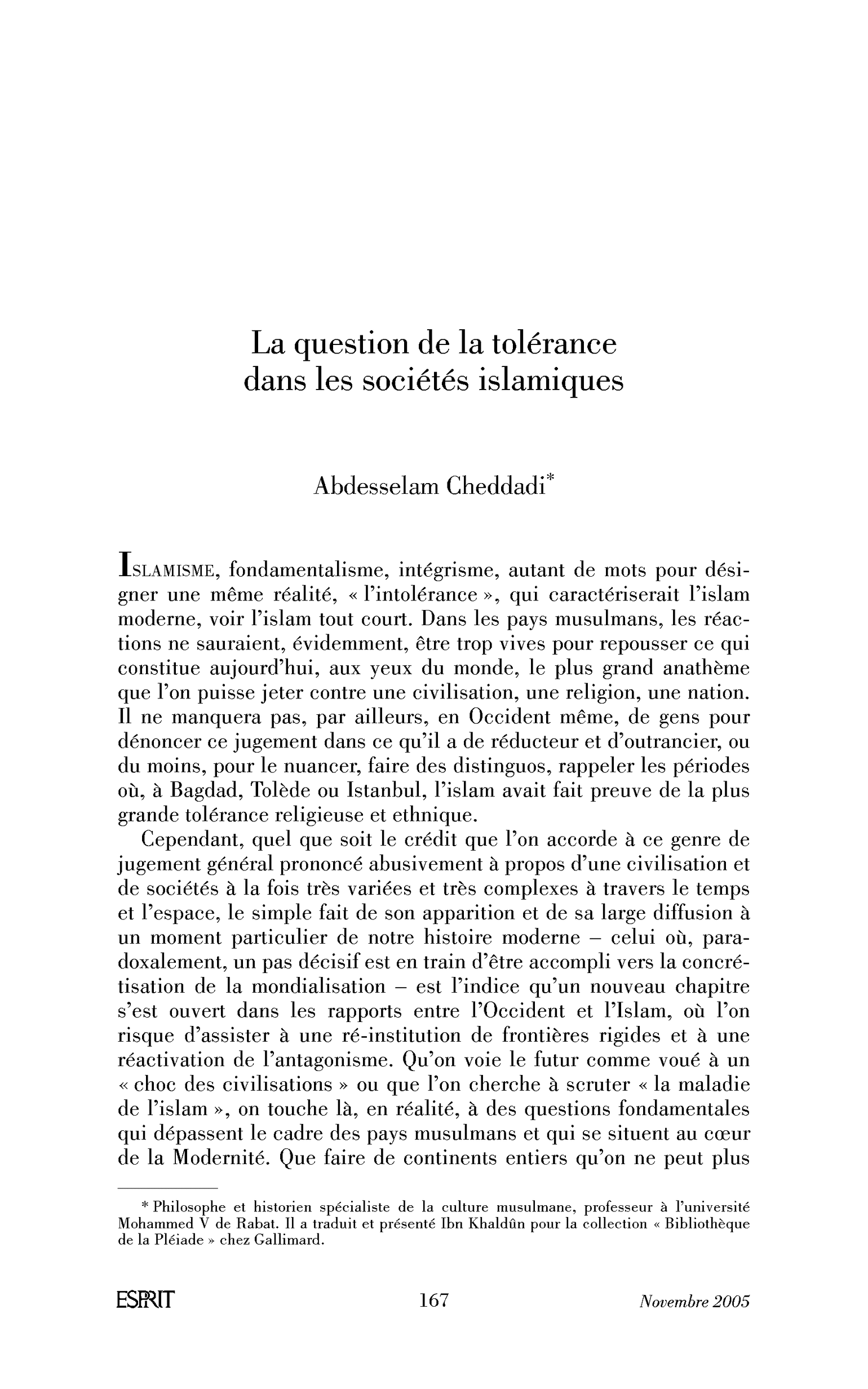 La question de la tolérance dans les sociétés islamiques