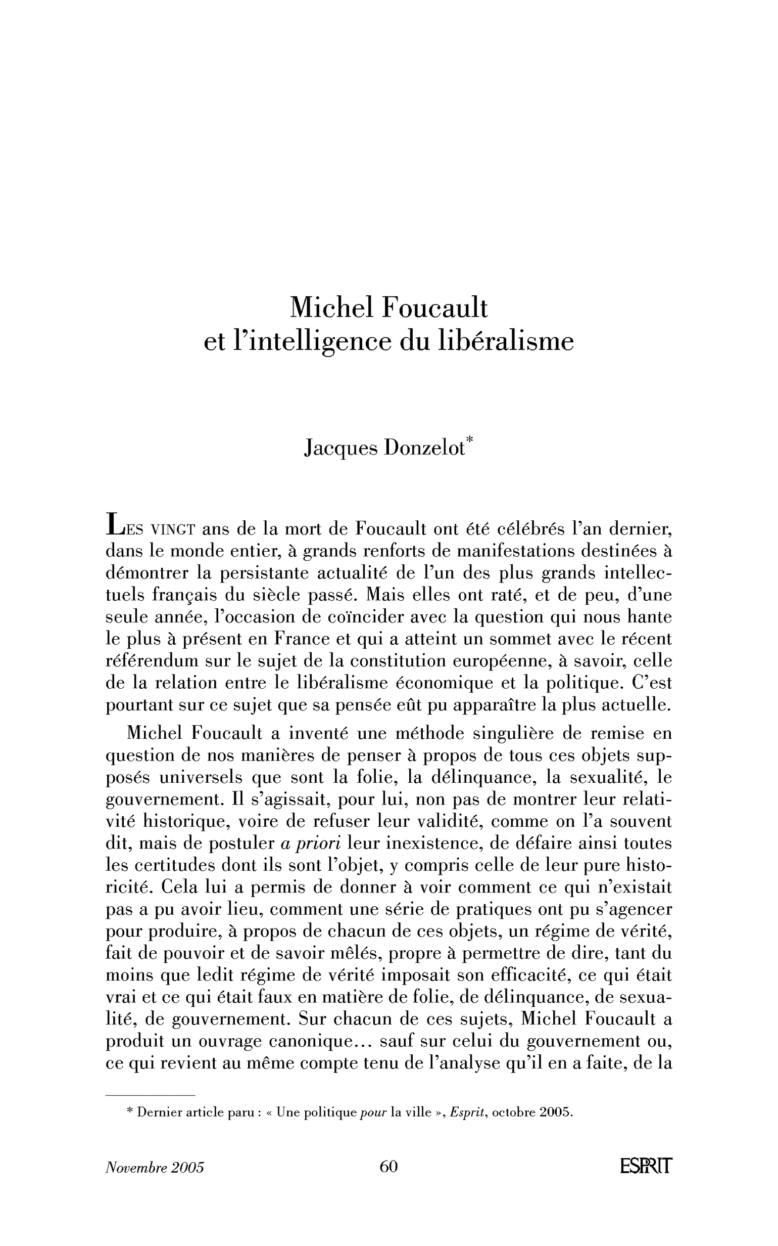 Michel Foucault et l’intelligence du libéralisme
