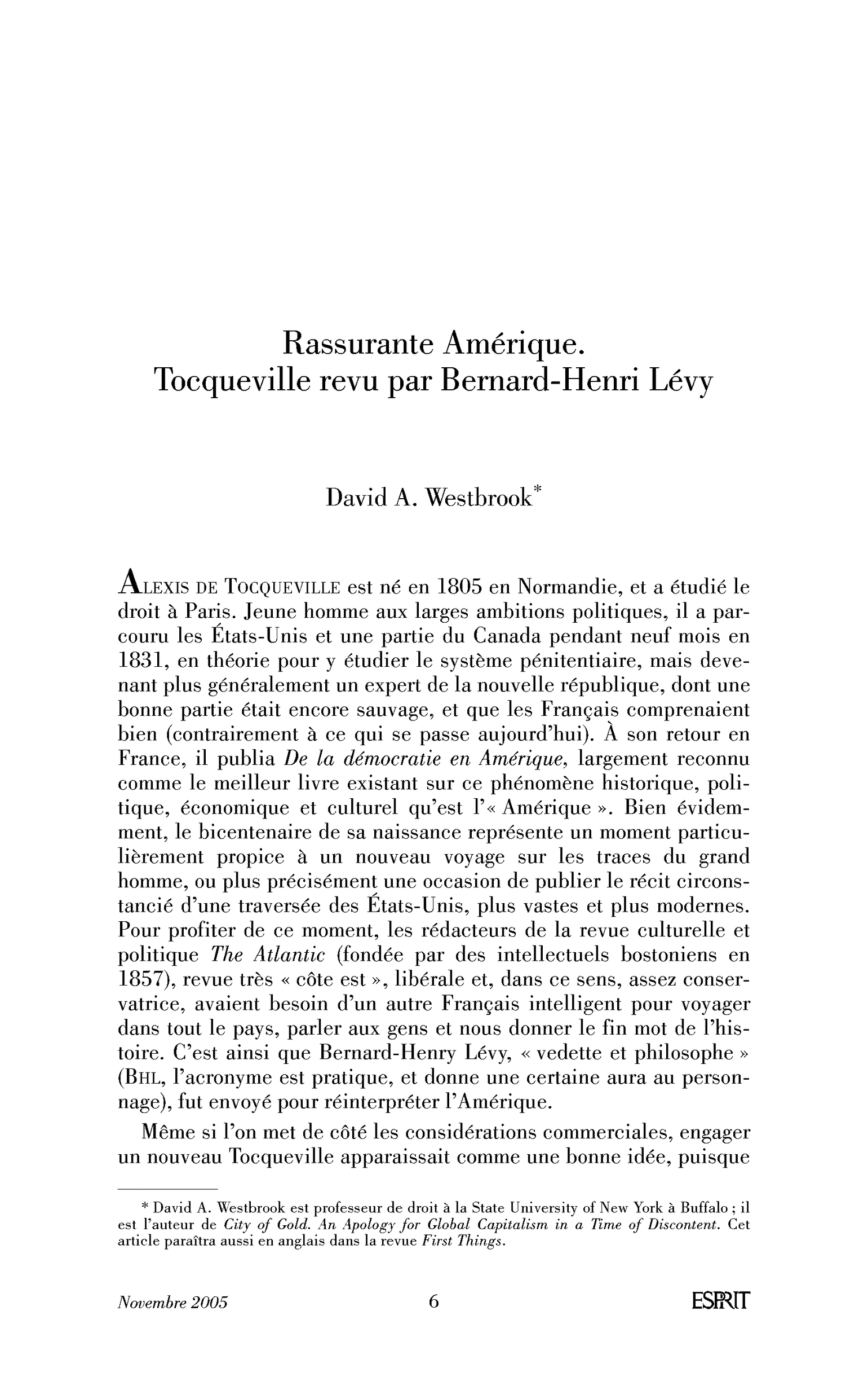 Rassurante Amérique. Tocqueville revu par Bernard-Henri Lévy