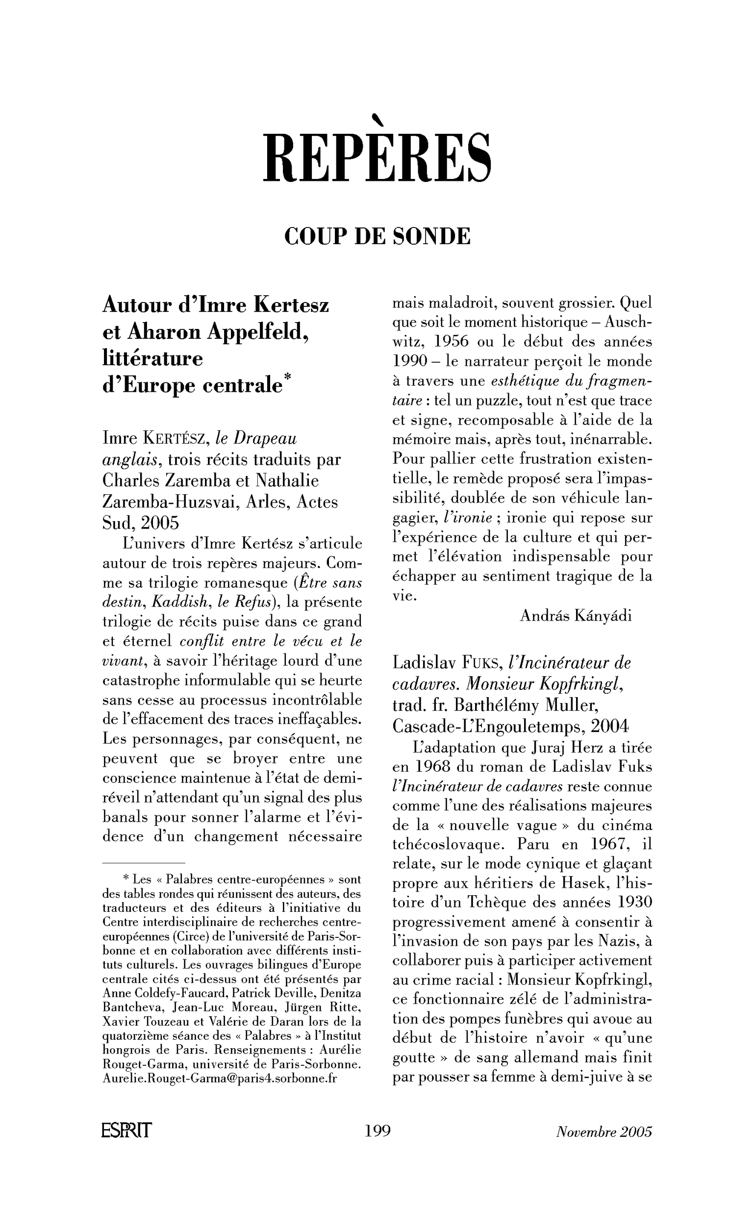 Autour d’Imre Kertesz et Aharon Appelfeld, littérature d’Europe centrale