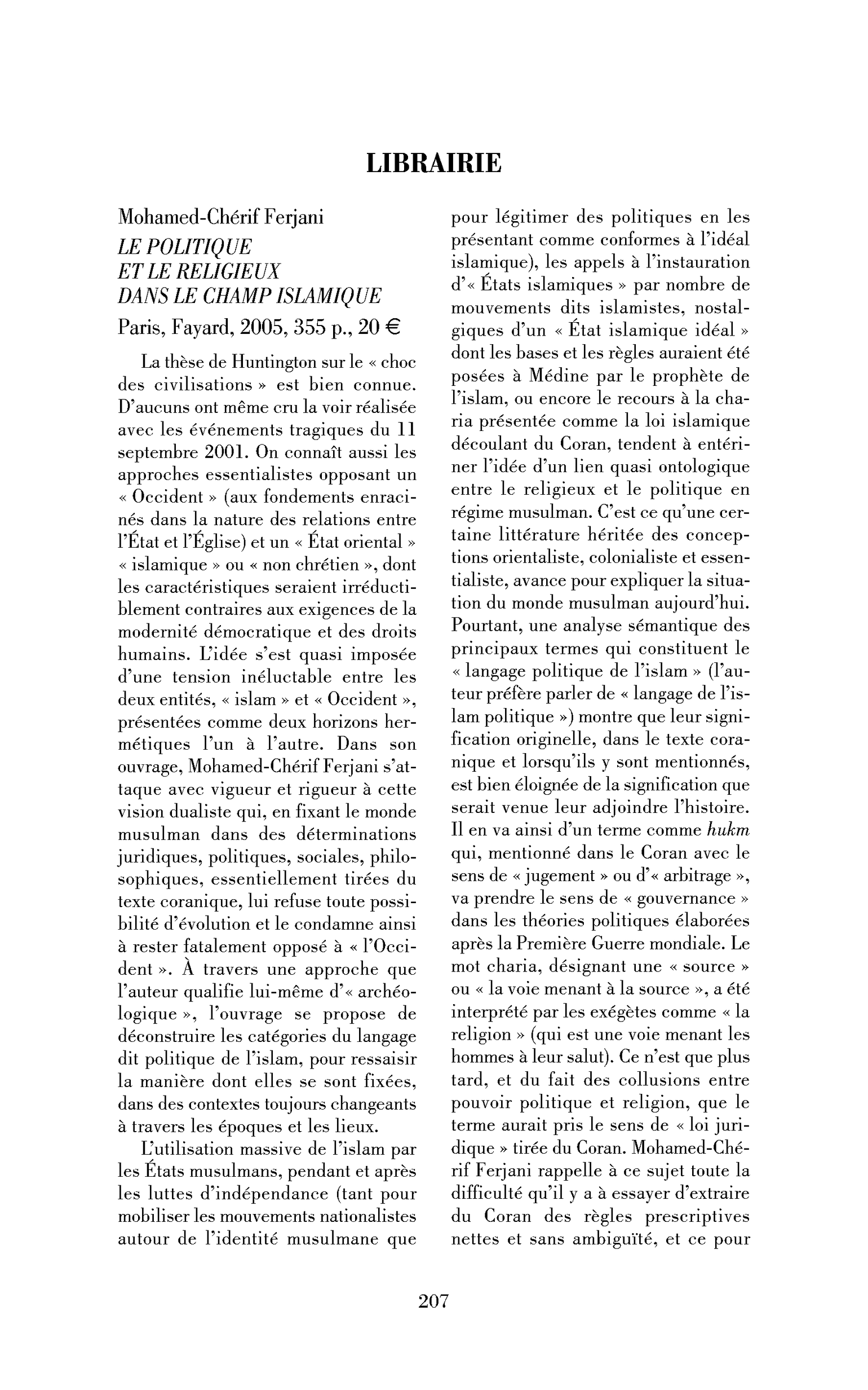 Mohamed-Chérif Ferjani: le Politique et le religieux dans le champ islamique