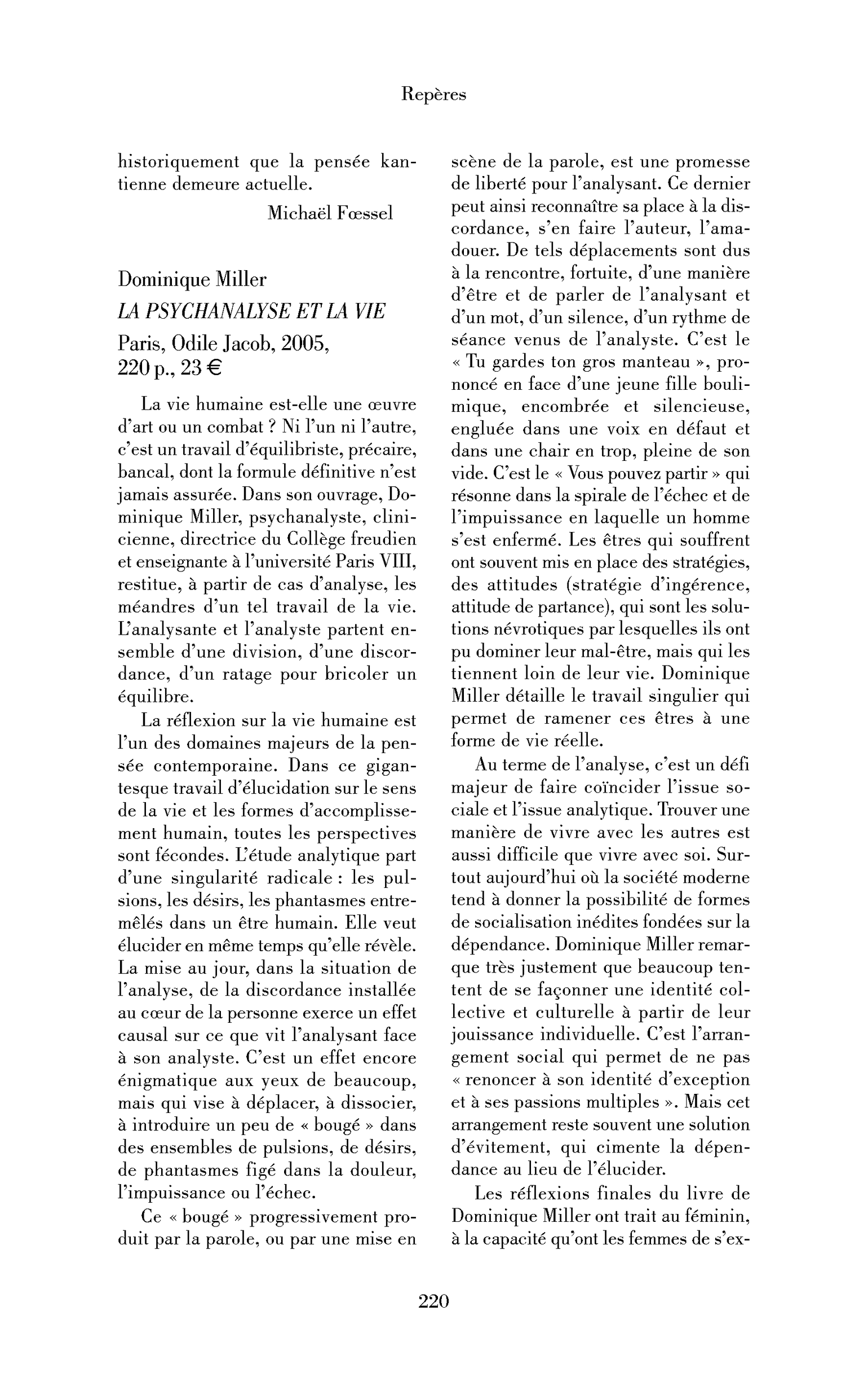 Dominique Miller: la Psychanalyse et la vie