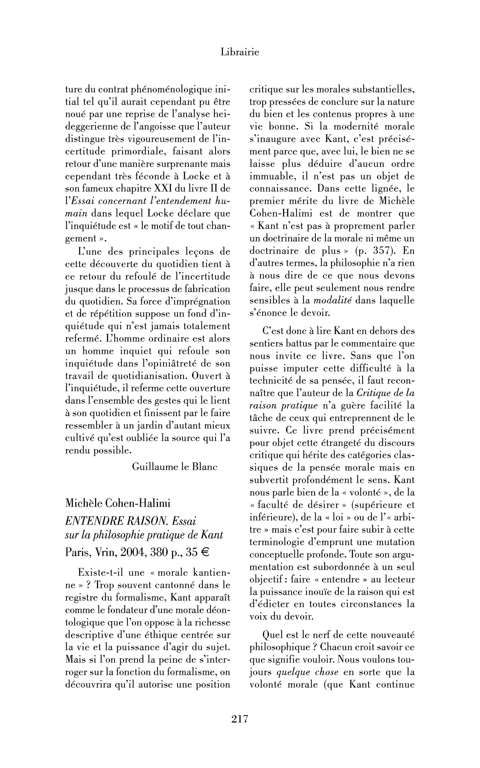 Michèle Cohen-Halimi: Entendre raison. Essai sur la philosophie pratique de Kant