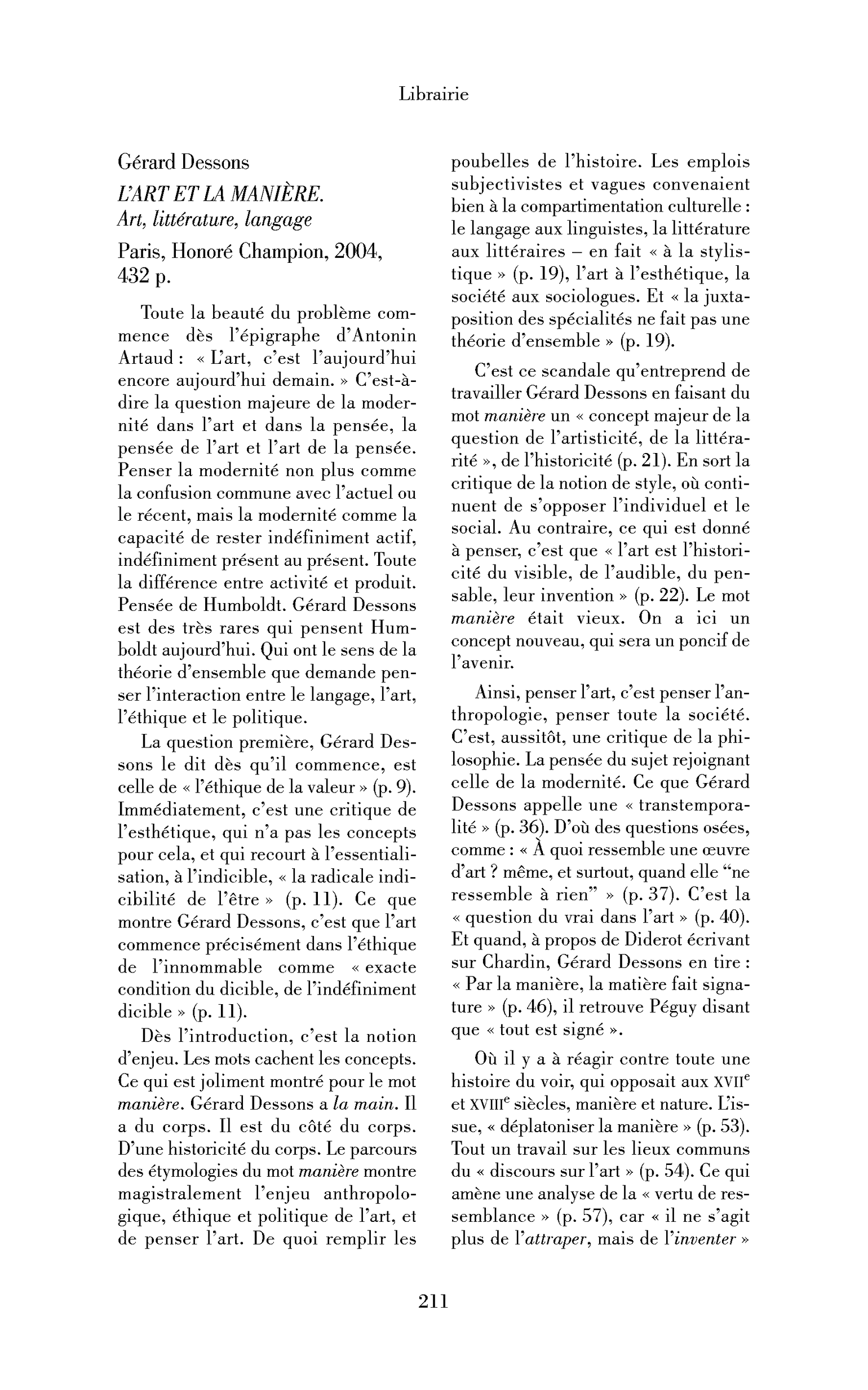 Gérard Dessons: l’Art et la manière. Art, littérature, langage