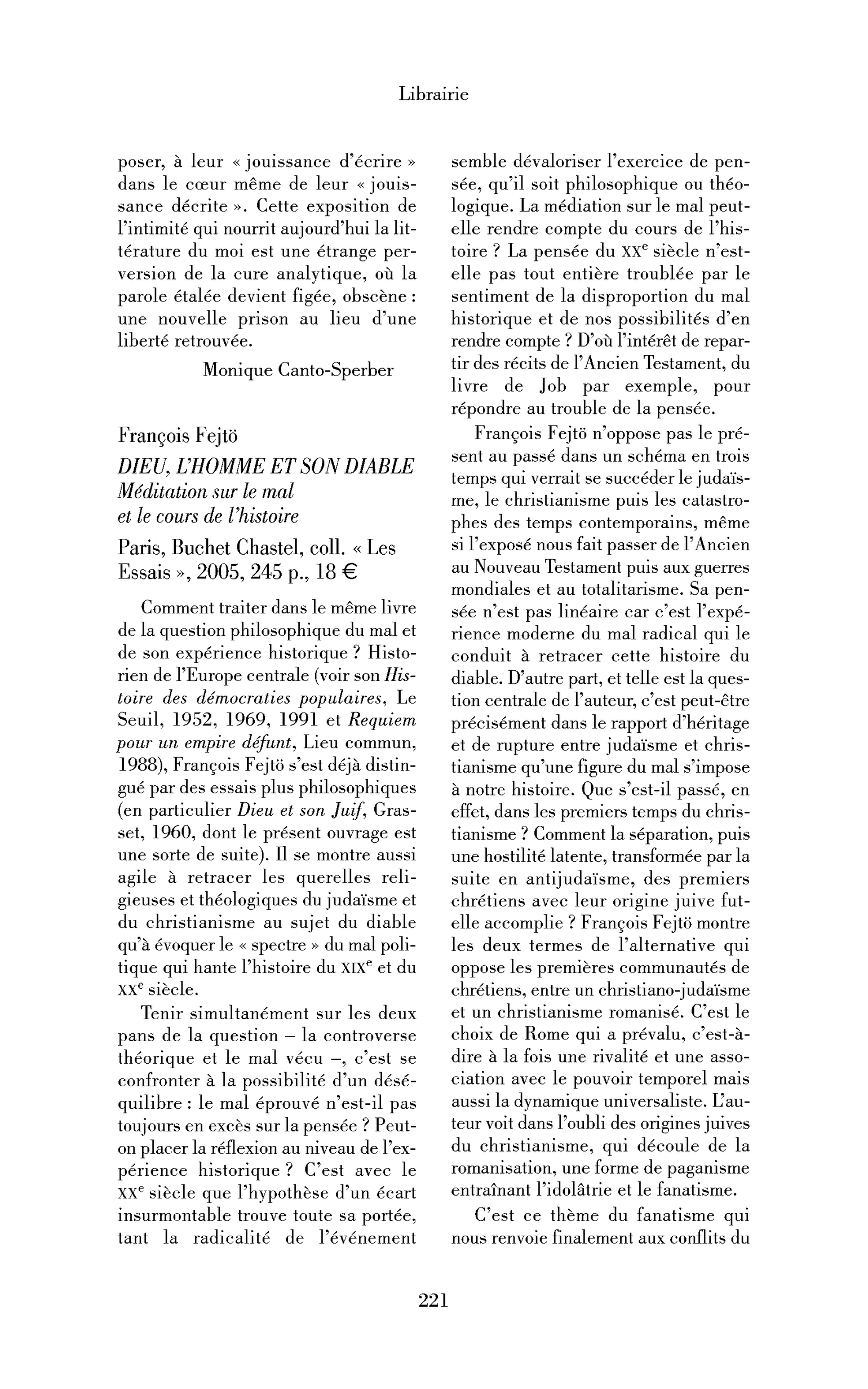 François Fejtö: Dieu, l’homme et son diable. Méditation sur le mal et le cours de l’histoire