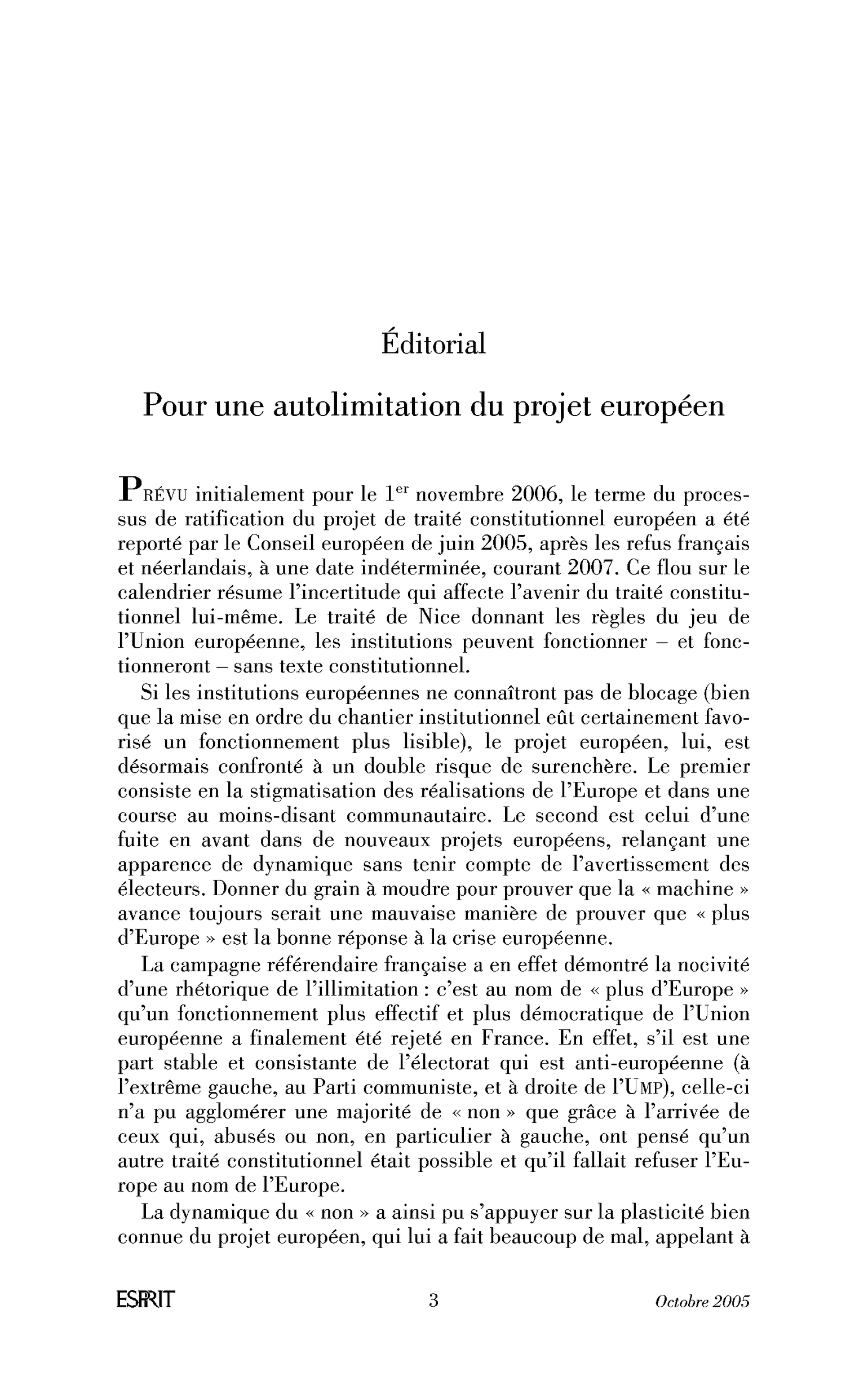 Pour une autolimitation du projet européen