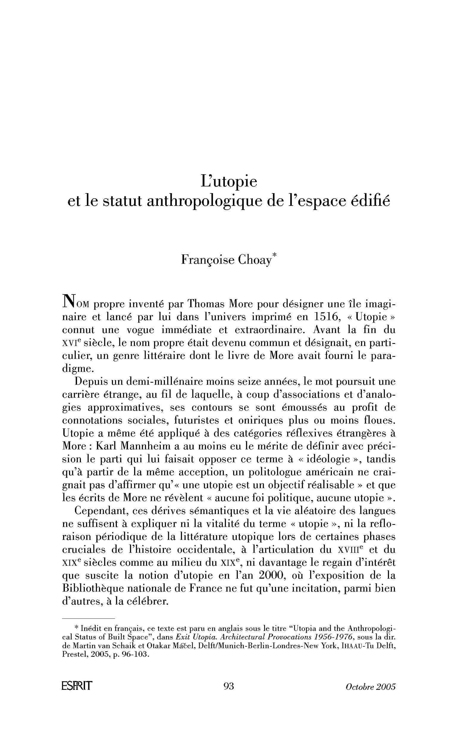 L’utopie et le statut anthropologique de l’espace édifié