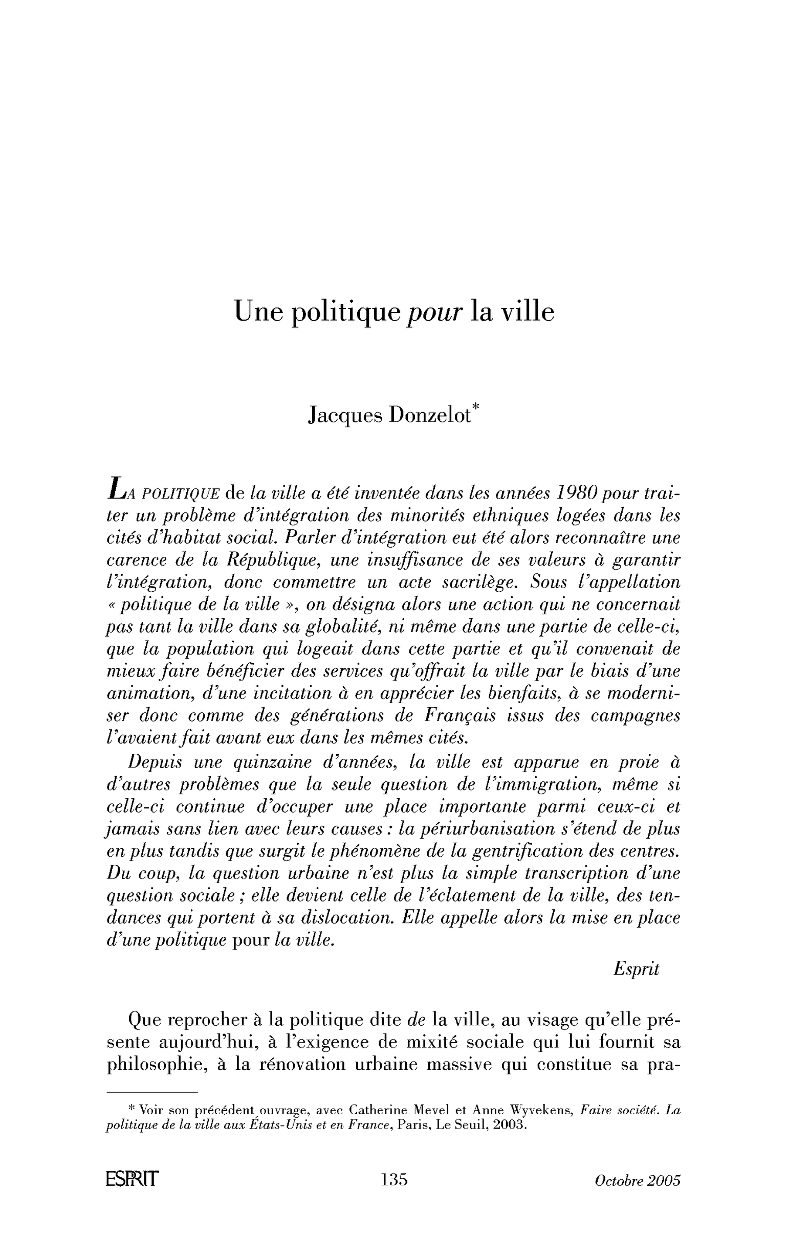 Une politique pour la ville