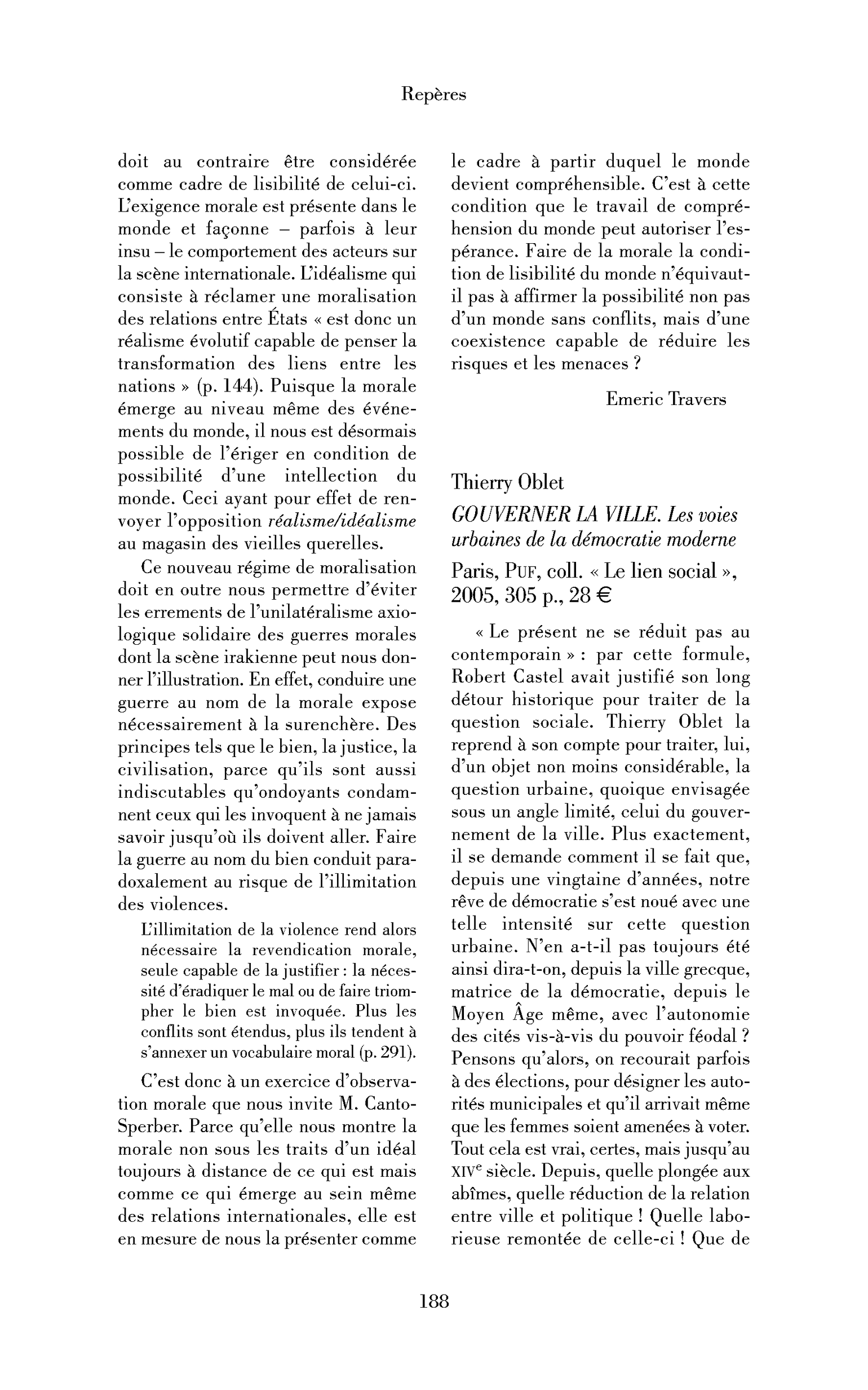 Thierry Oblet: Gouverner la ville. Les voies urbaines de la démocratie moderne