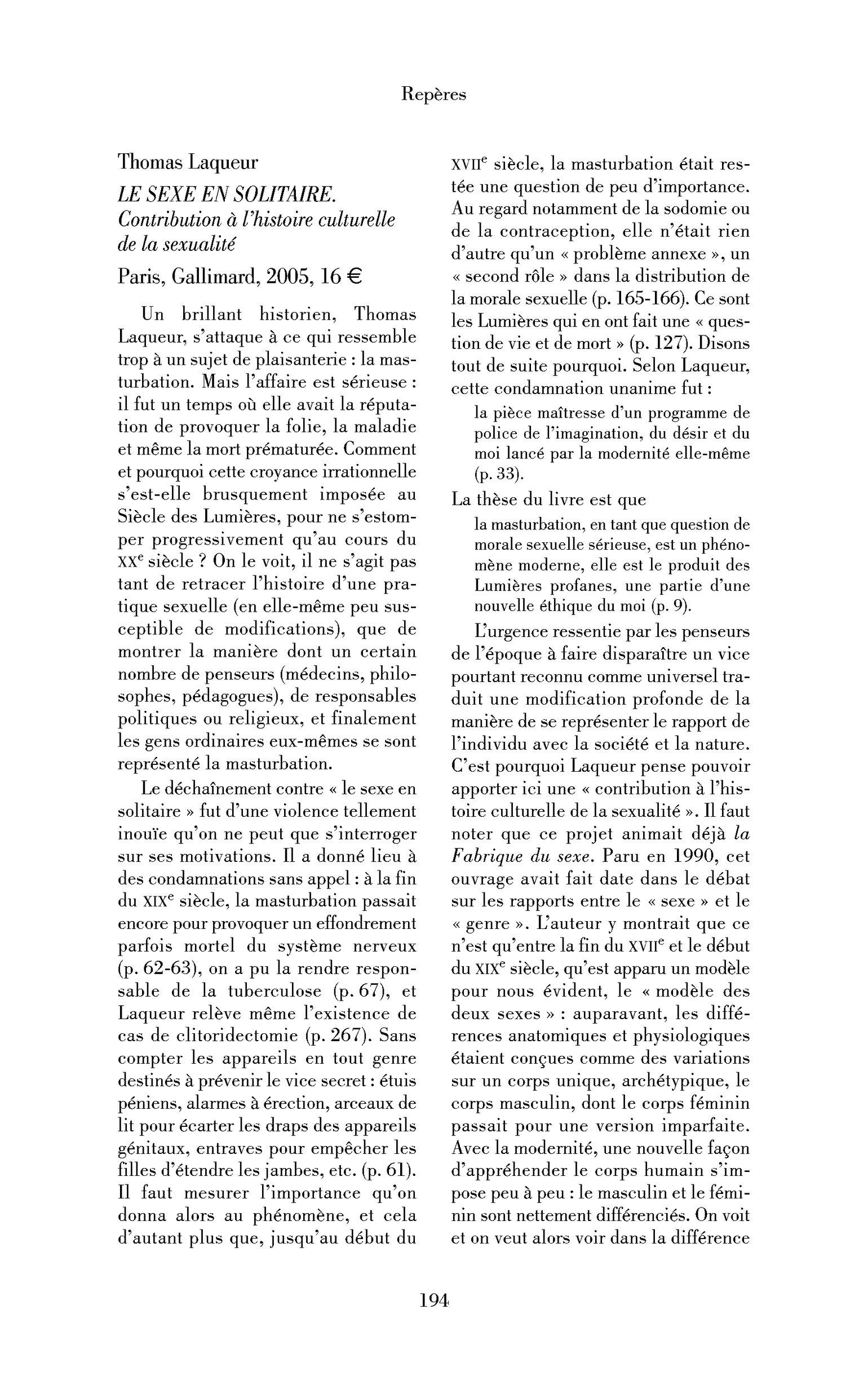 Thomas Laqueur: le Sexe en solitaire. Contribution à l’histoire culturelle de la sexualité