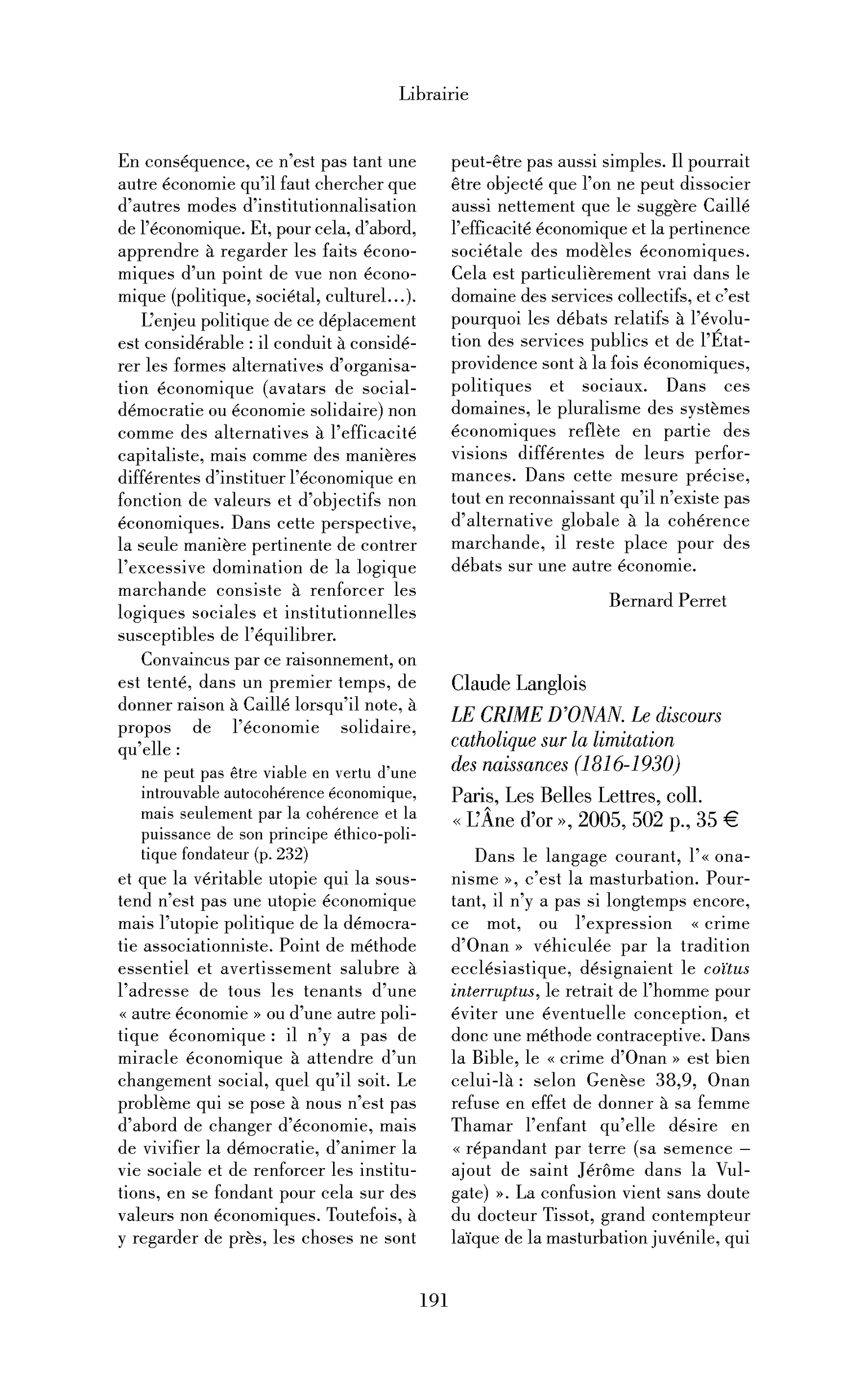 Claude Langlois: le Crime d’Onan. Le discours catholique sur la limitation des naissances (1816-1930)