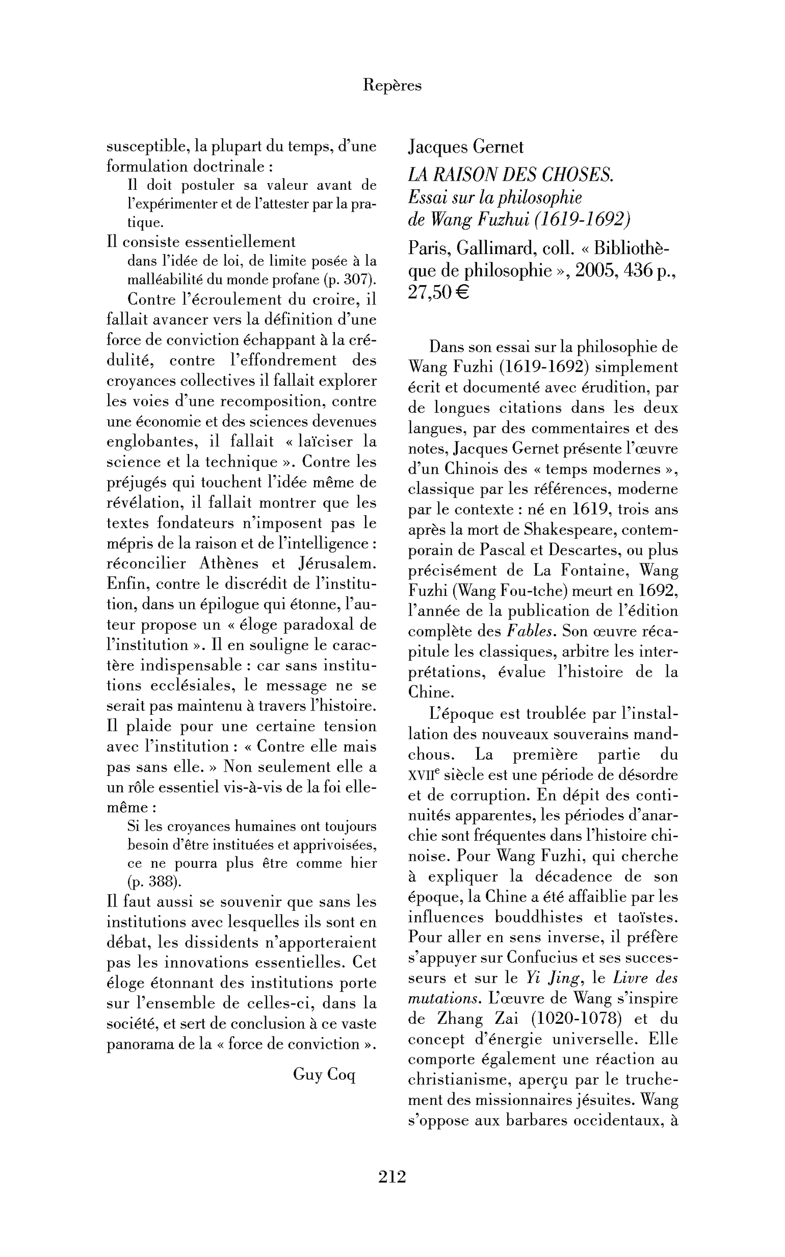 Jacques Gernet : la Raison des choses. Essai sur la philosophie de Wang Fuzhui (1619-1692)