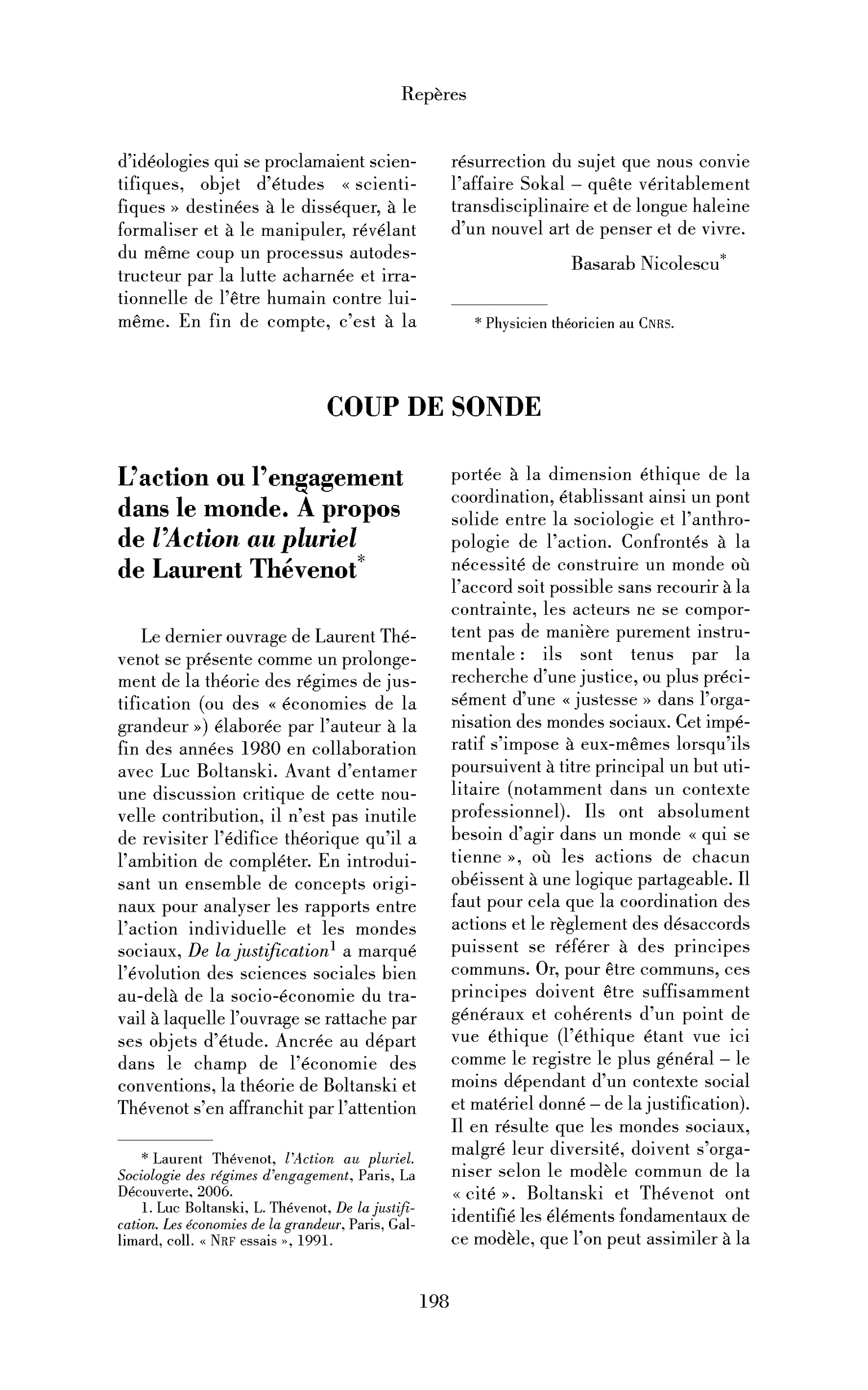 L’action ou l’engagement dans le monde. À propos de l’Action au pluriel de Laurent Thévenot
