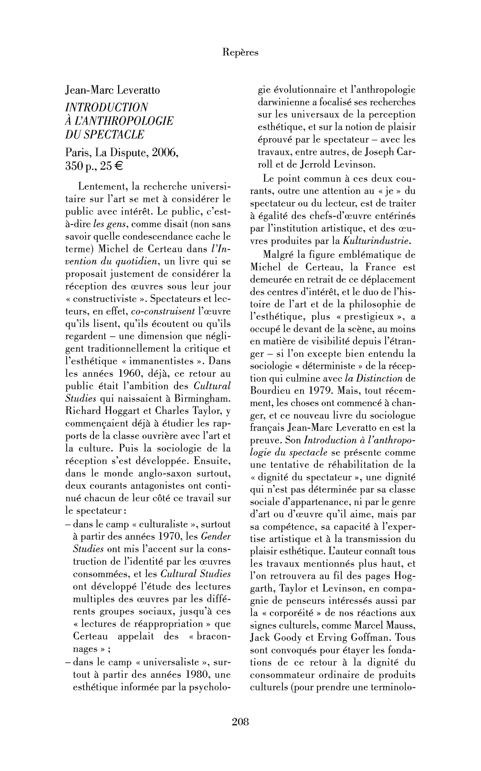 Jean-Marc Leveratto : Introduction à l’anthropologie du spectacle