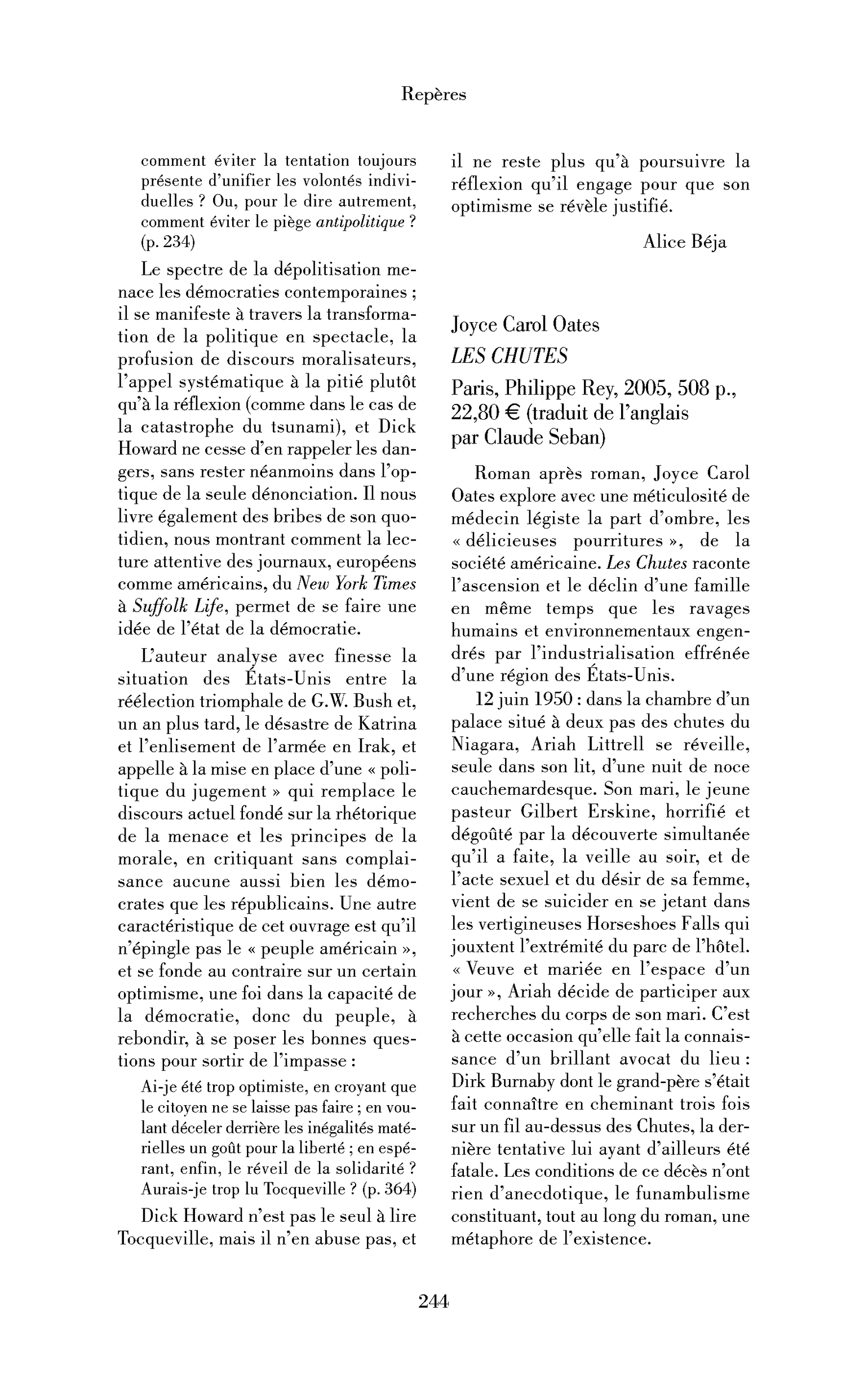 Joyce Carol Oates : les Chutes