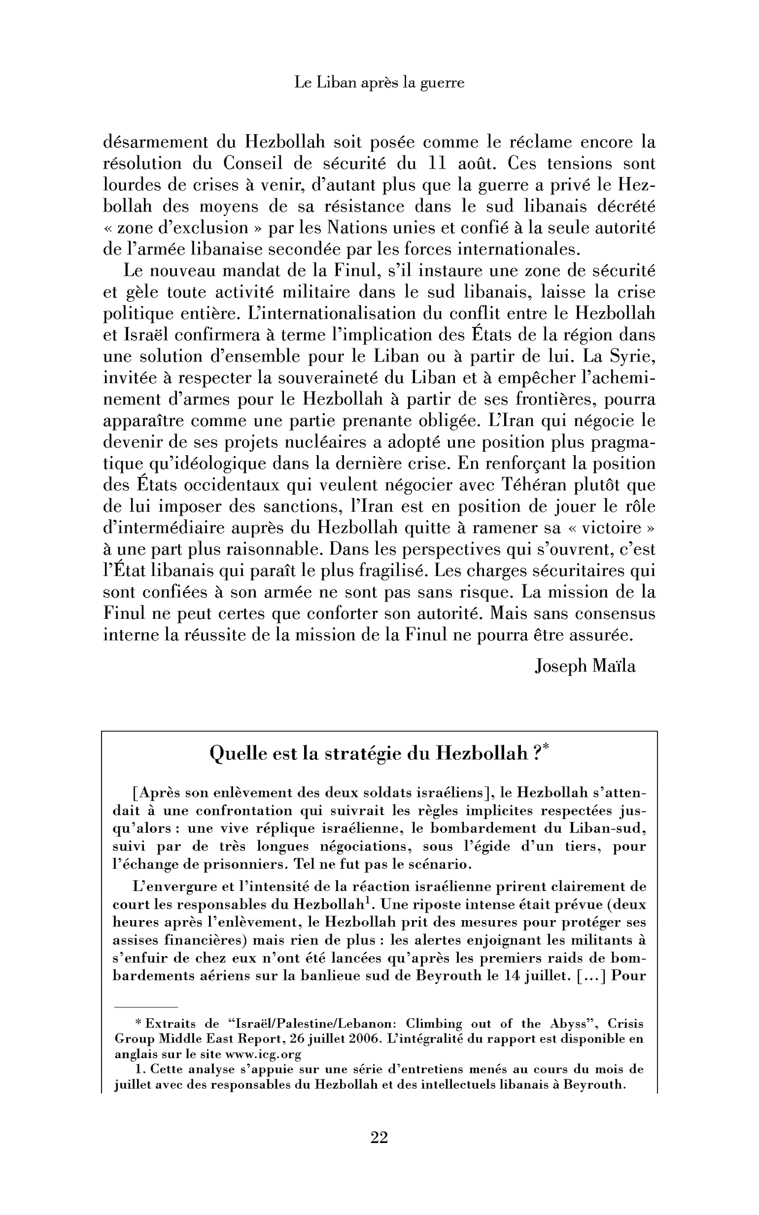 Quelle est la stratégie du Hezbollah ? International Crisis Group. (Encadré)