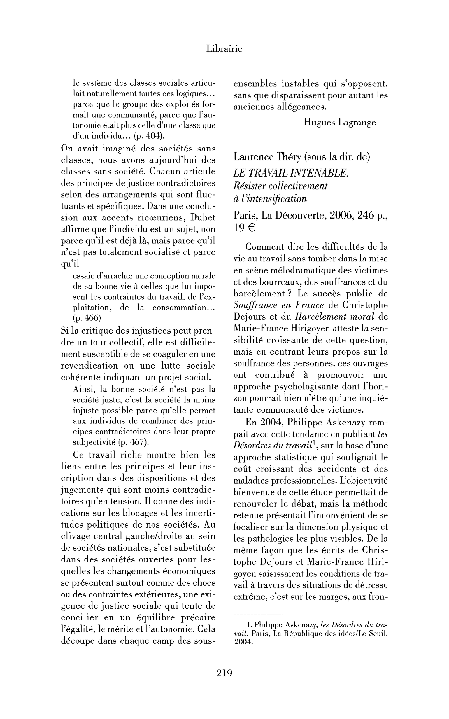 Laurence Théry (sous la dir. de): le Travail intenable. Résister collectivement à l’intensification