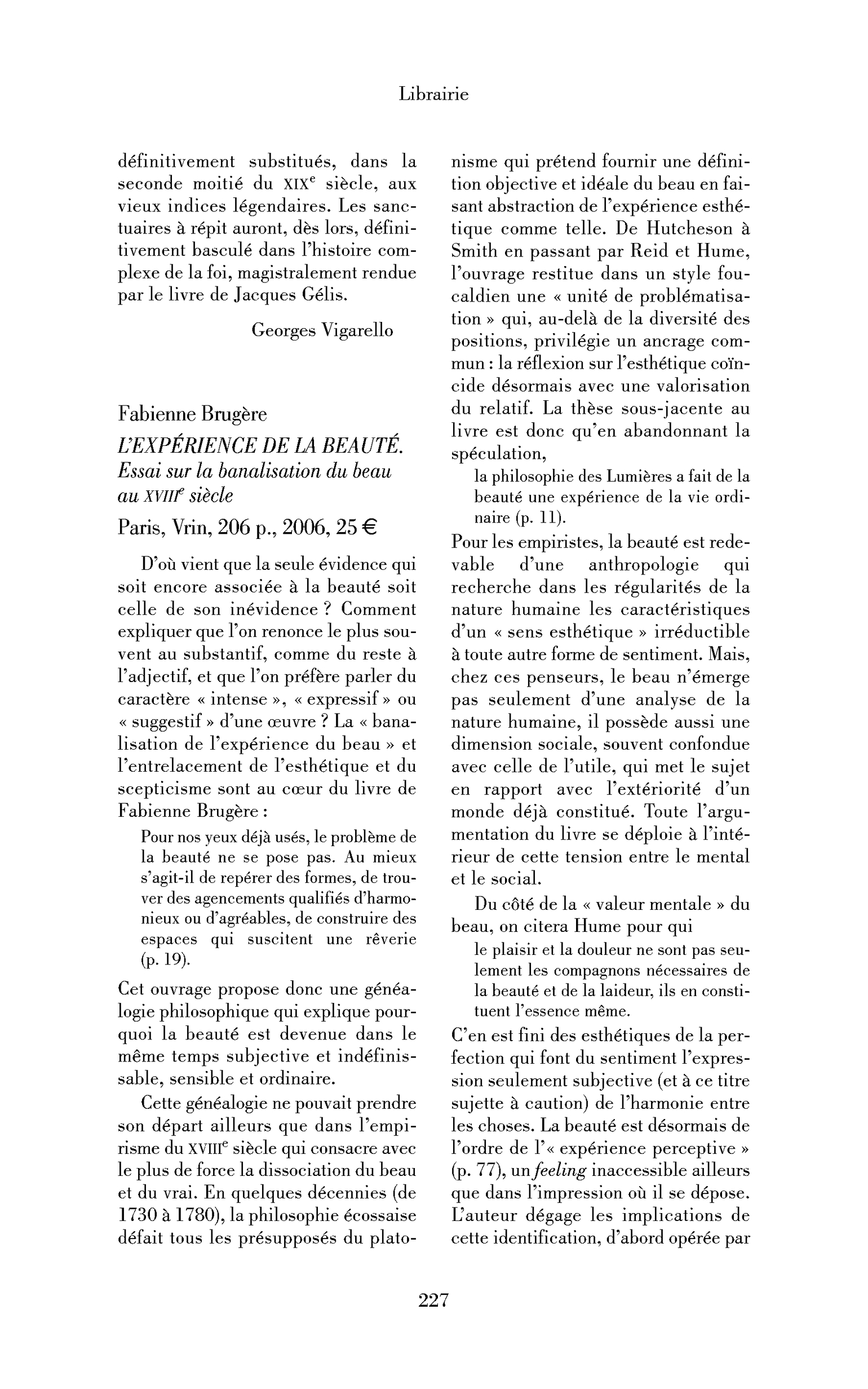 Fabienne Brugère: l’Expérience de la beauté. Essai sur la banalisation du beau au XVIIIe siècle