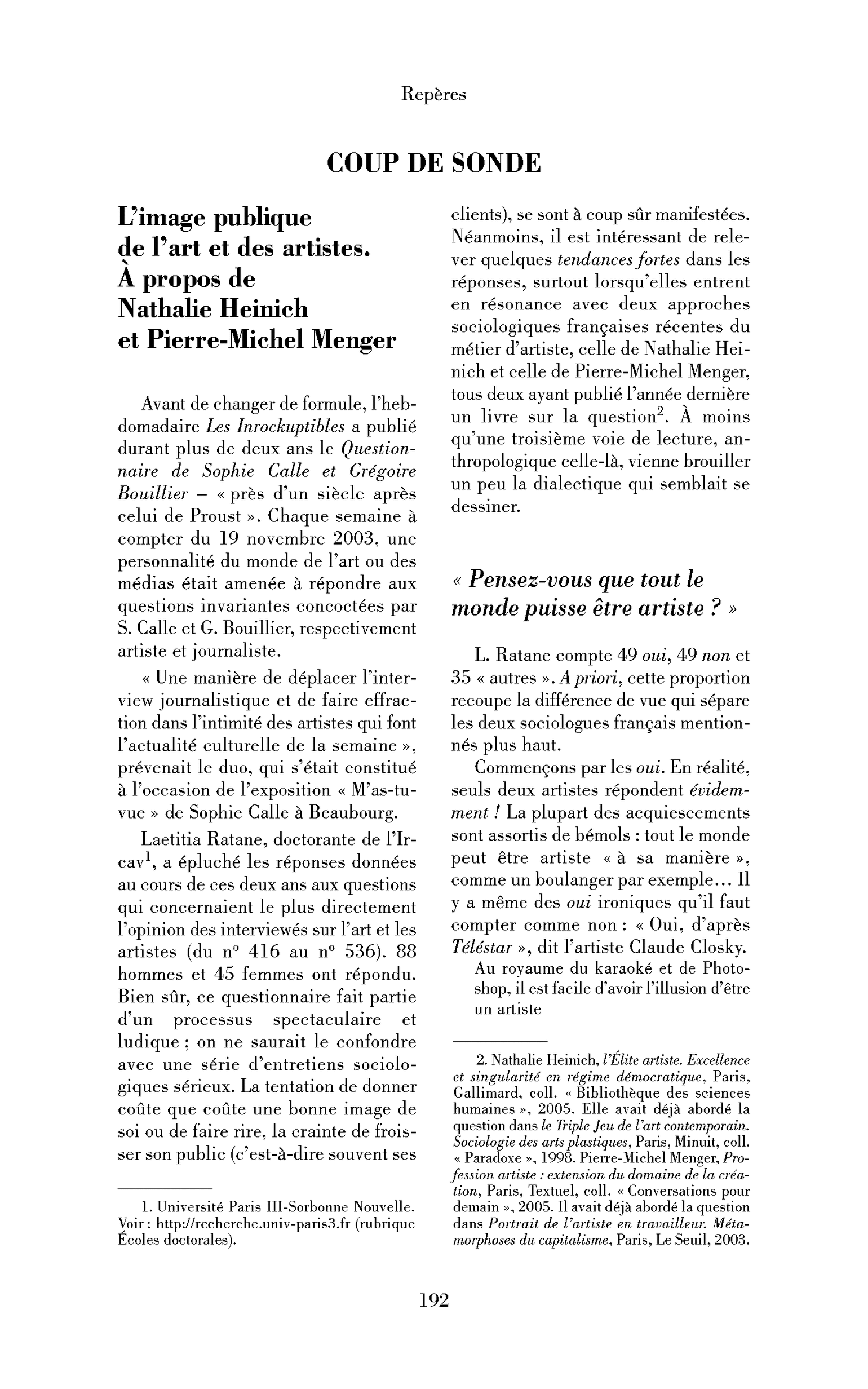 L’image publique de l’art et des artistes. À propos de Nathalie Heinich et de Pierre-Michel Menger