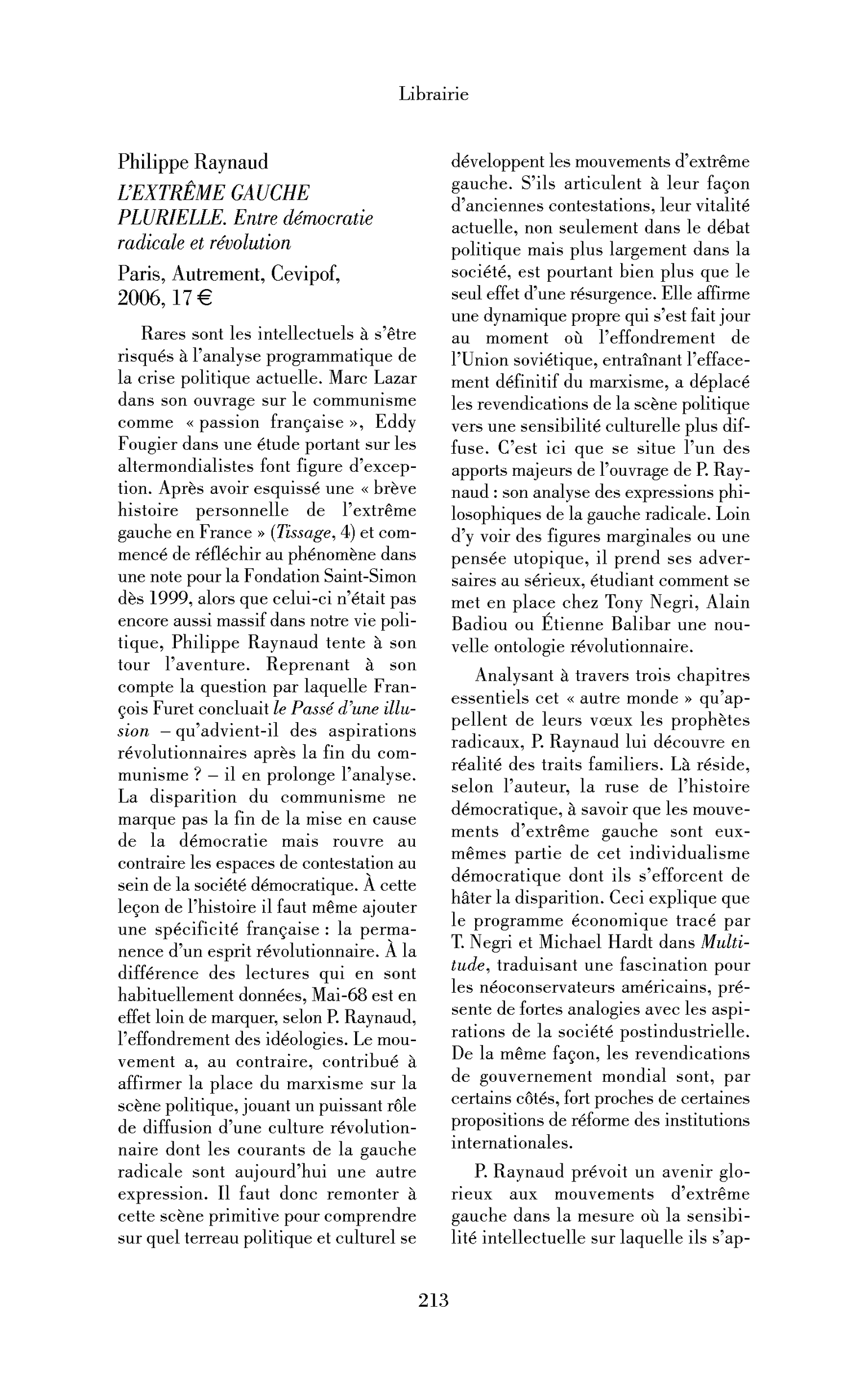 Philippe Raynaud : l’Extrême gauche plurielle. Entre démocratie radicale et révolution