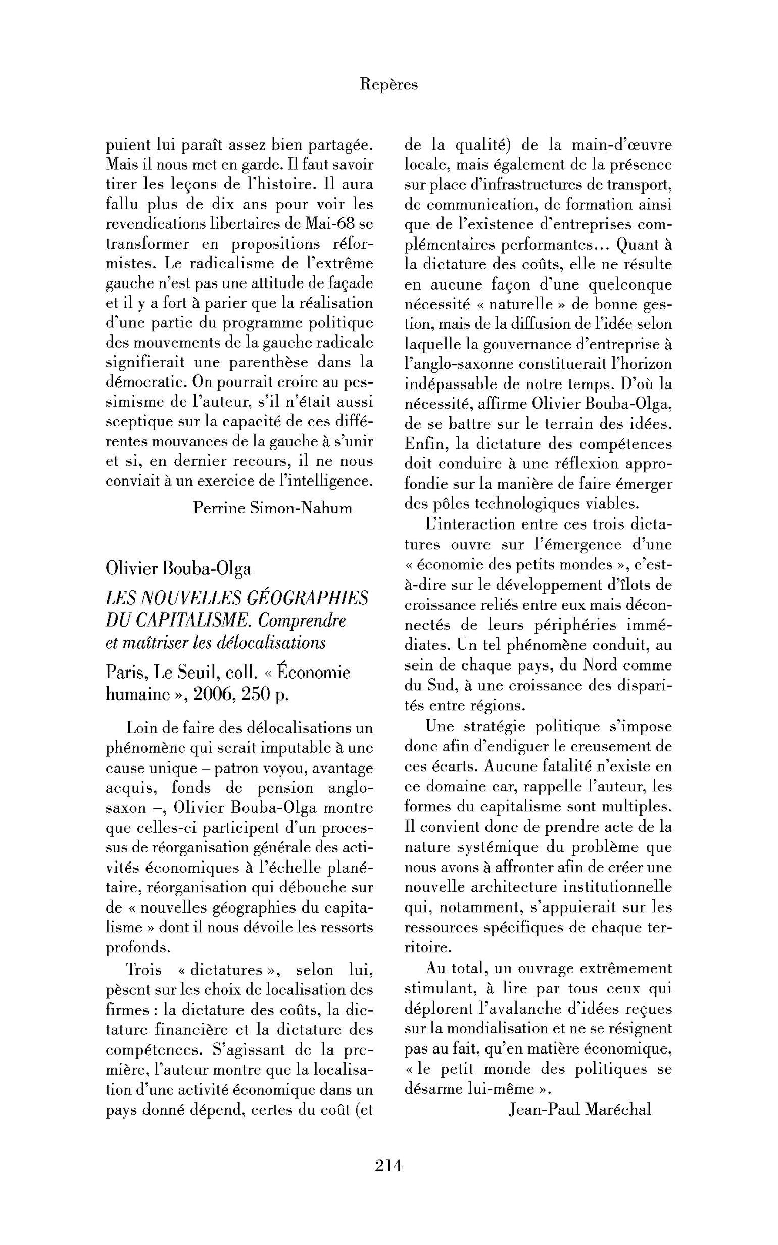 Olivier Bouba-Olga : les Nouvelles géographies du capitalisme. Comprendre et maîtriser les délocalisations