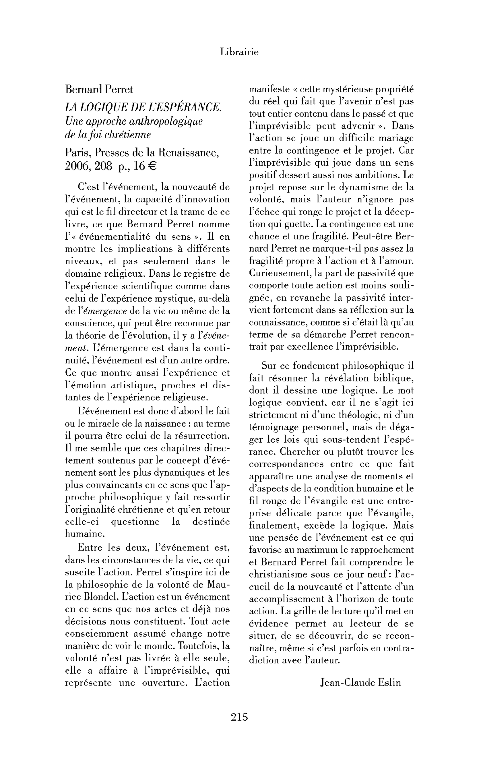 Bernard Perret : la Logique de l’espérance. Une approche anthropologique de la foi chrétienne