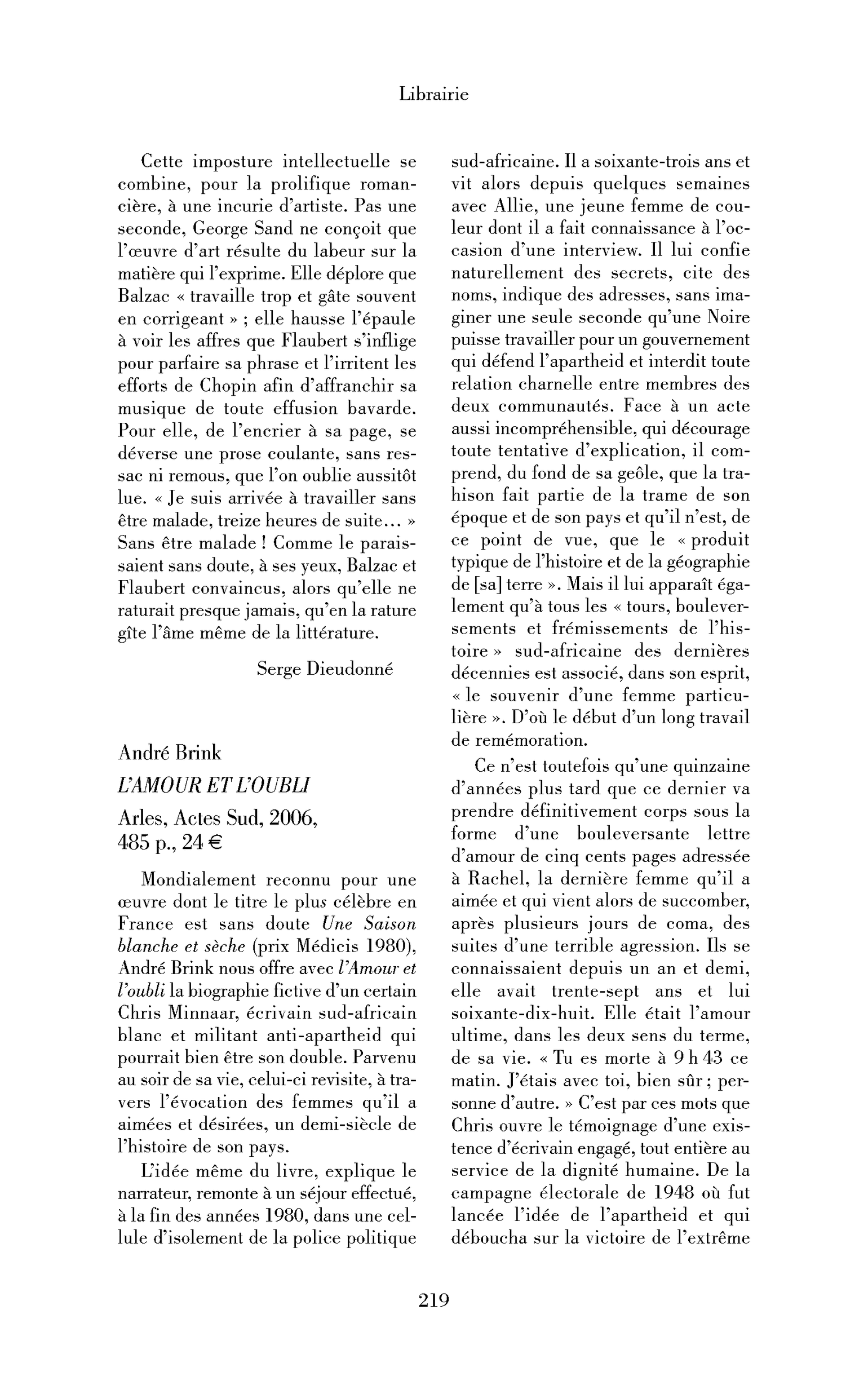 André Brink: l’Amour et l’oubli