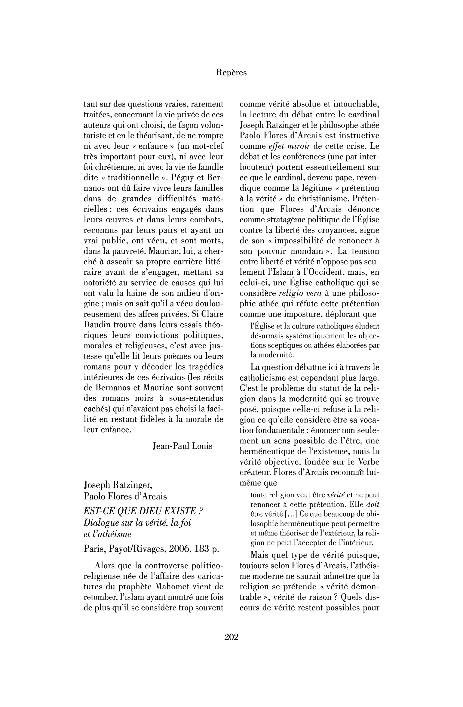Joseph Ratzinger, Paolo Flores d’Arcais : Est-ce que dieu existe ? Dialogue sur la vérité, la foi et l’athéisme