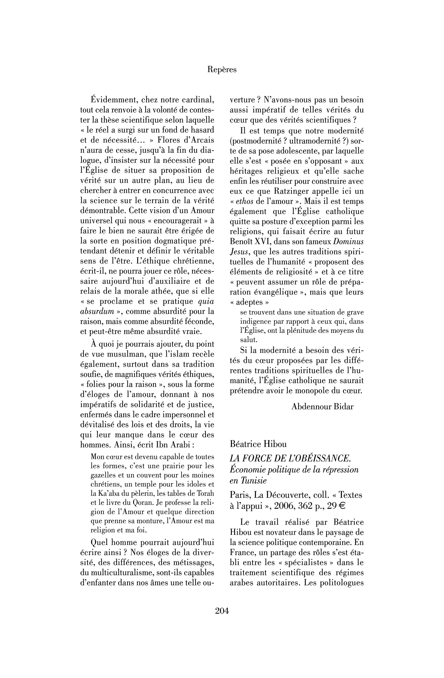 Béatrice Hibou : la Force de l’obéissance. Economie politique de la répression en Tunisie