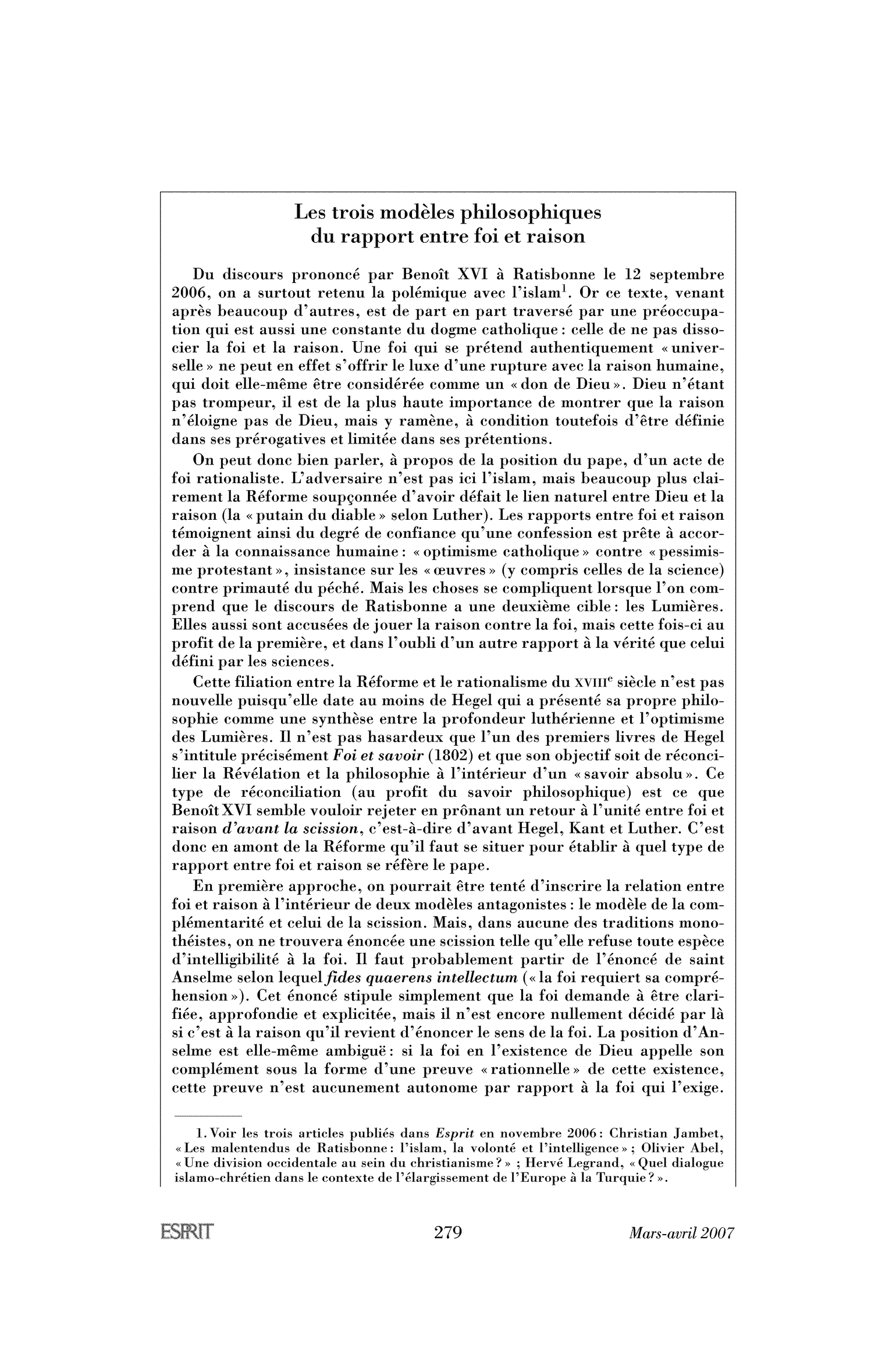Les trois modèles philosophiques du rapport entre foi et raison (encadré)
