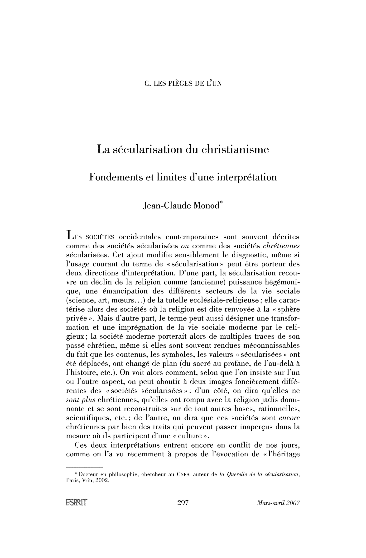 La sécularisation du christianisme. Fondements et limites d’une interprétation